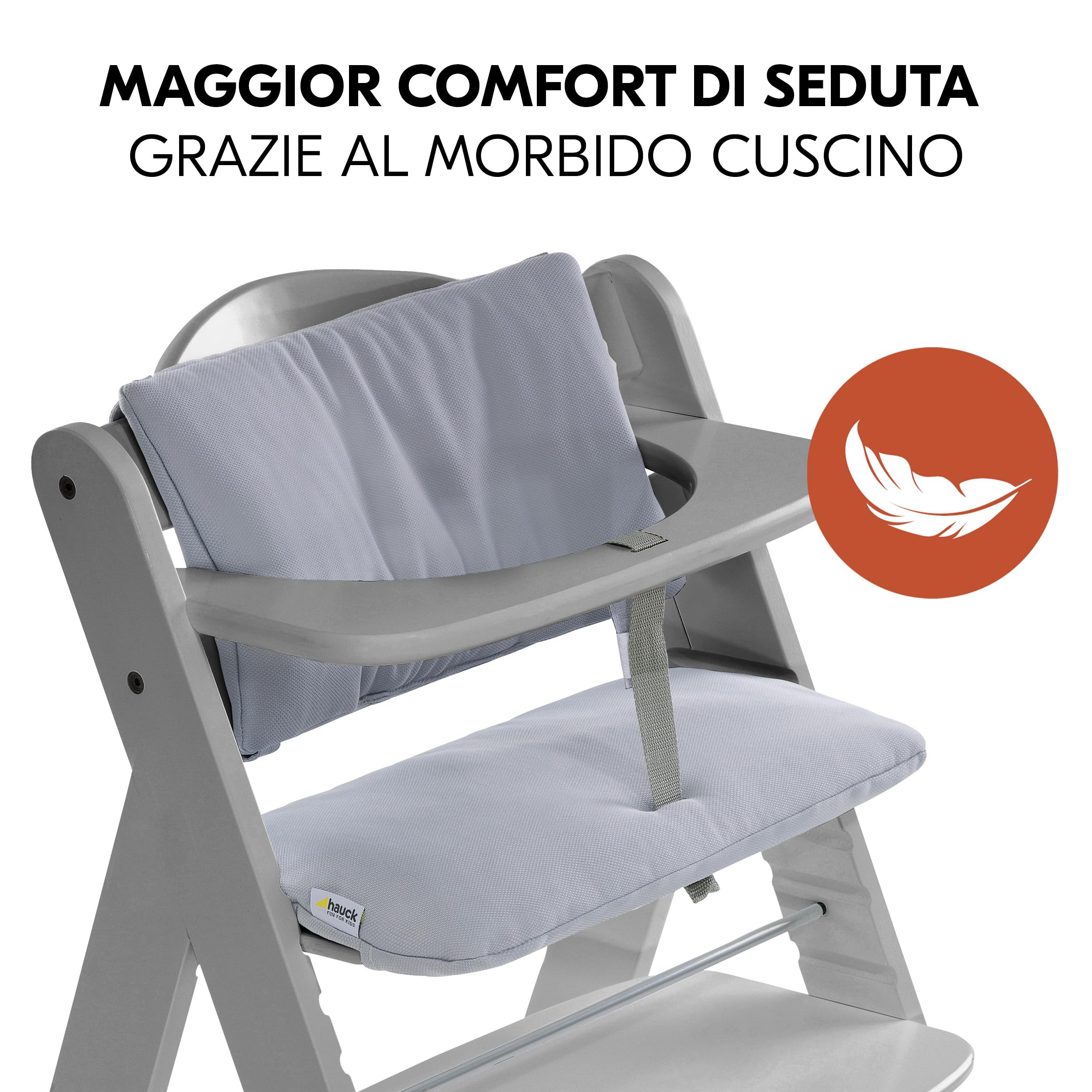 hauck Seggiolone Pappa Alpha Plus Set Newborn - Sediolone Pappa Bimbi In Legno, Evolutivo con Sdraietta Neonati Dondolo 2in1 e Cuscino - Grigio