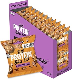 The Protein Ball Co Salted Caramel Low Sugar Protein Balls - Keto Friendly Snacks, Gluten-Free, Low Carb, Low Calorie Snacks - Healthy Energy Balls, Box of 20 Bags