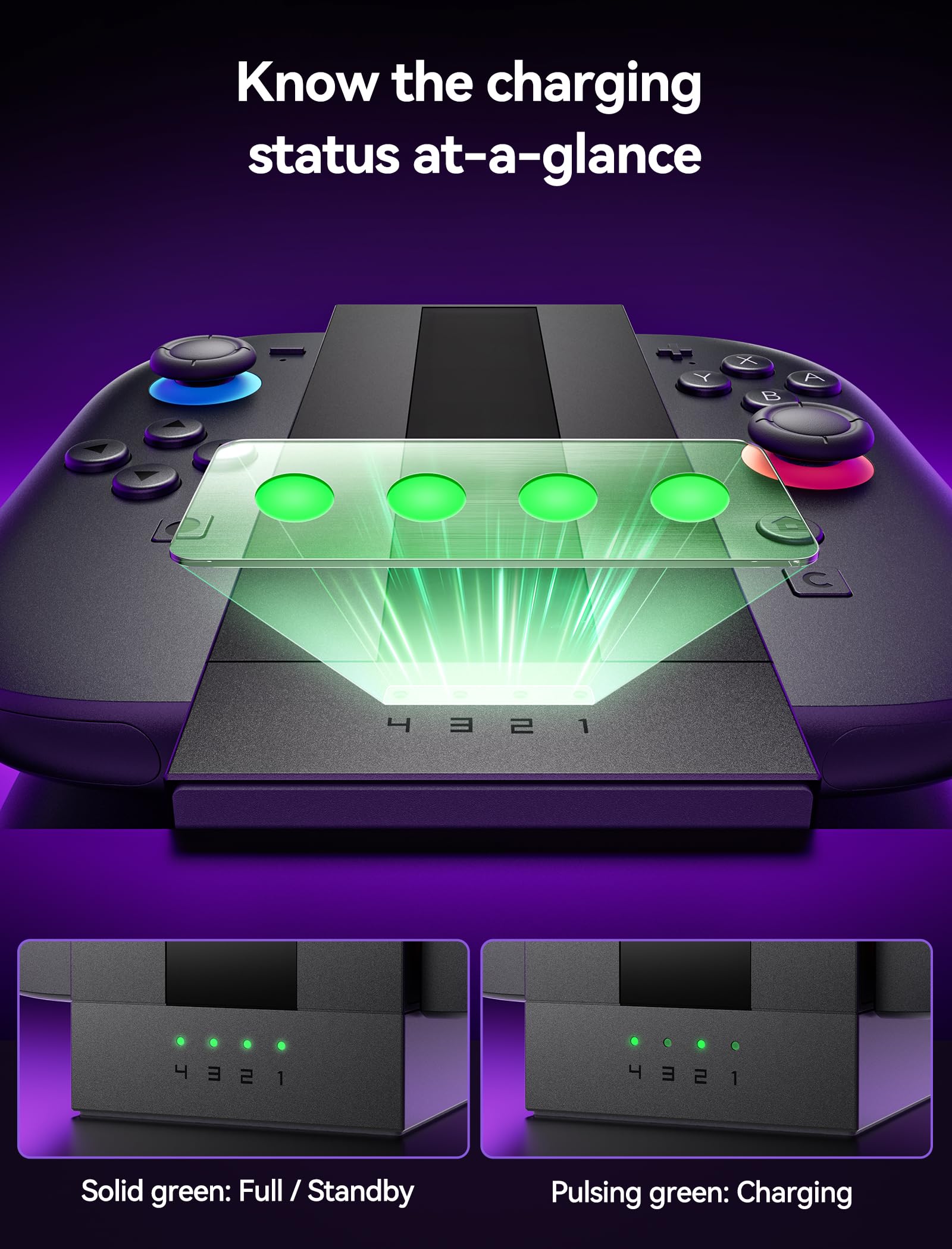 Stacja ładująca JSAUX EnergyFlow do kontrolera Nintendo Switch 2 JoyCon, magnetyczna stacja ładująca RGB 4 w 1 z wyświetlaczem LED, akcesoria Switch 2 JoyCon z USB C o długości 1,5 m