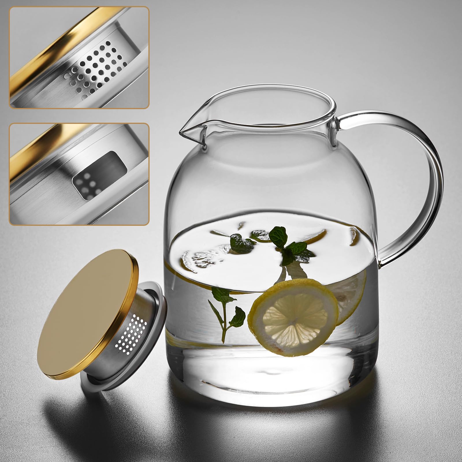 MESNEY Tetera de vidrio de 2 litros con infusor, vidrio de borosilicato resistente al calor, infusor de tetera para té suelto, colador y tapa 2 en 1, apta para estufa