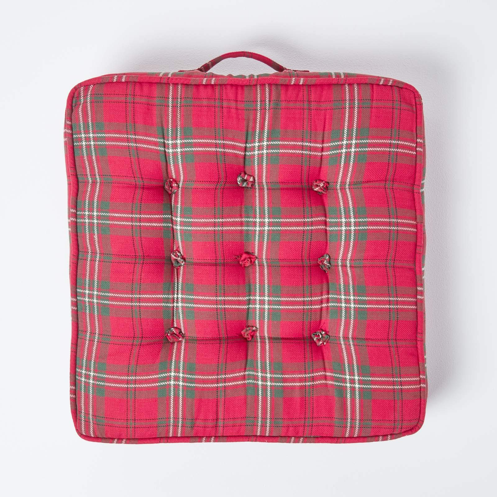 HOMESCAPES Coussin d’Assise rehausseur, Coussin de Sol en Coton à Carreaux écossais Rouge, 50 x 50 x 10 cm