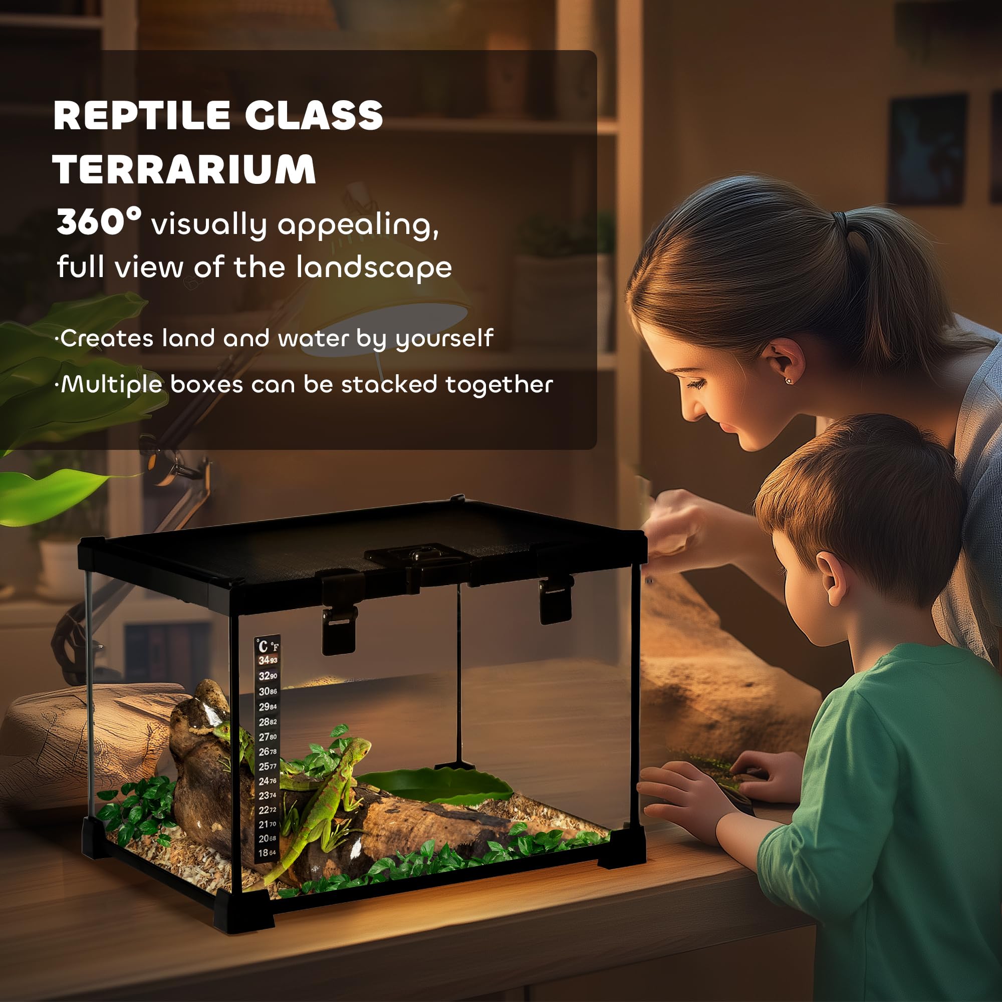 PawHut 30 x 30 x 20 cm szkło terrarium gad hodowla zbiornik wspinaczka zwierzę domowe szklane pojemniki łukowate pudełko z paskiem łata termometr do jaszczurek, rogatych żab, węży, pająków - czarny