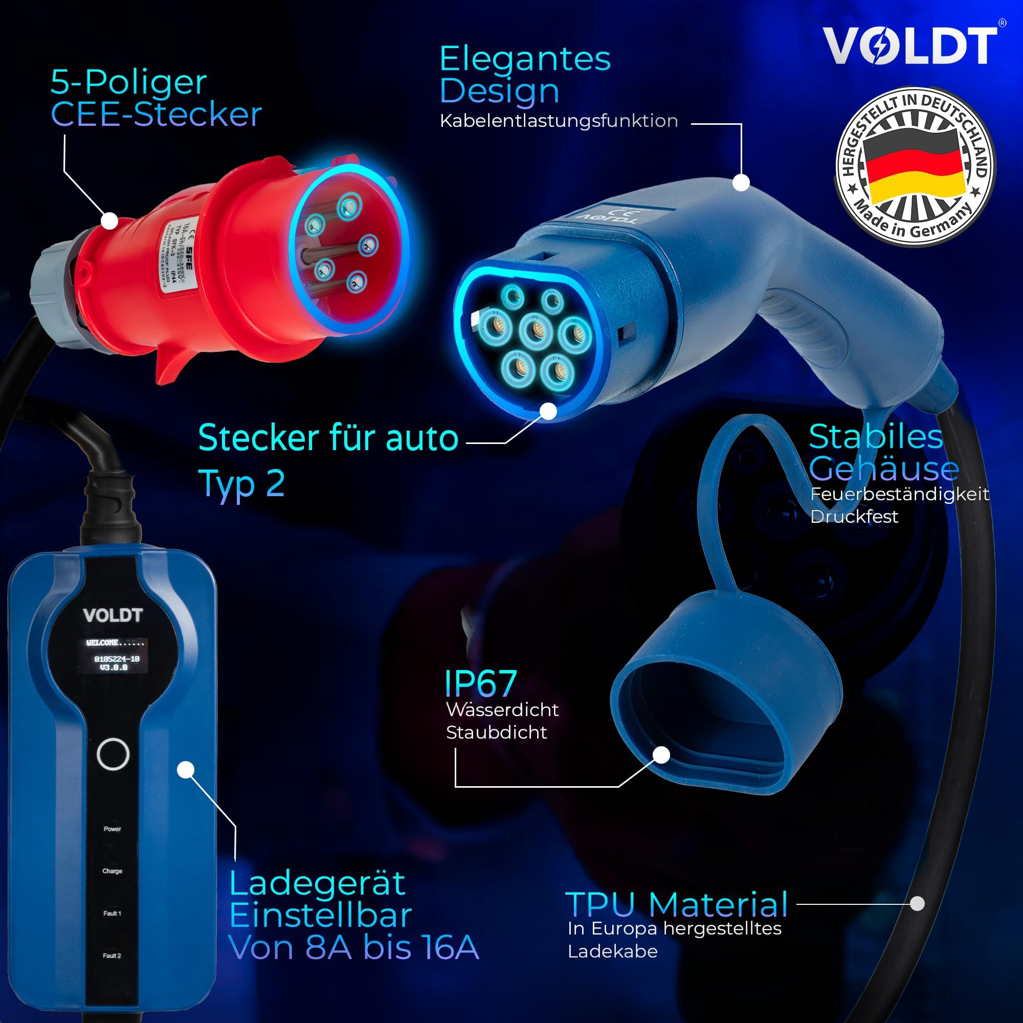 Voldt - Adaptador tipo 2 (terminal de carga) a enchufe Schuko tipo F 230V, 3,7kW, 8-16A, impermeable IP67, certificado CE/UKCA/TÜV (5 longitud)