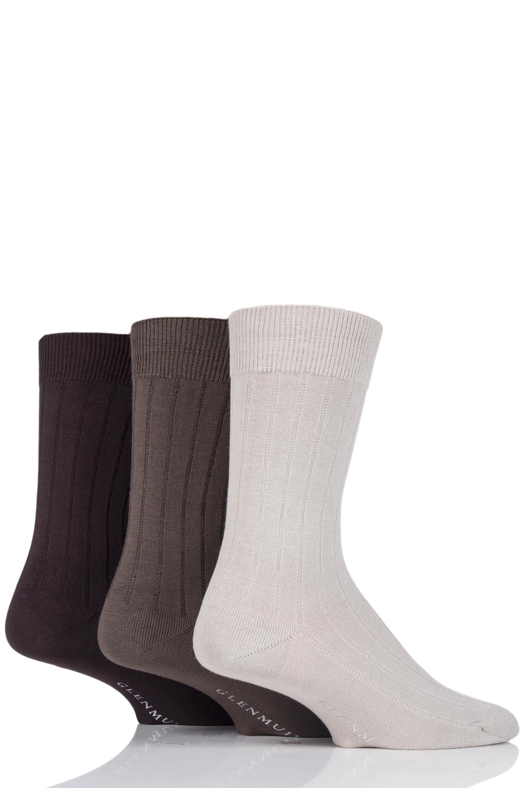 Glenmuir Mens 3 Pair Classic Bamboo Ribbed Socks Beige