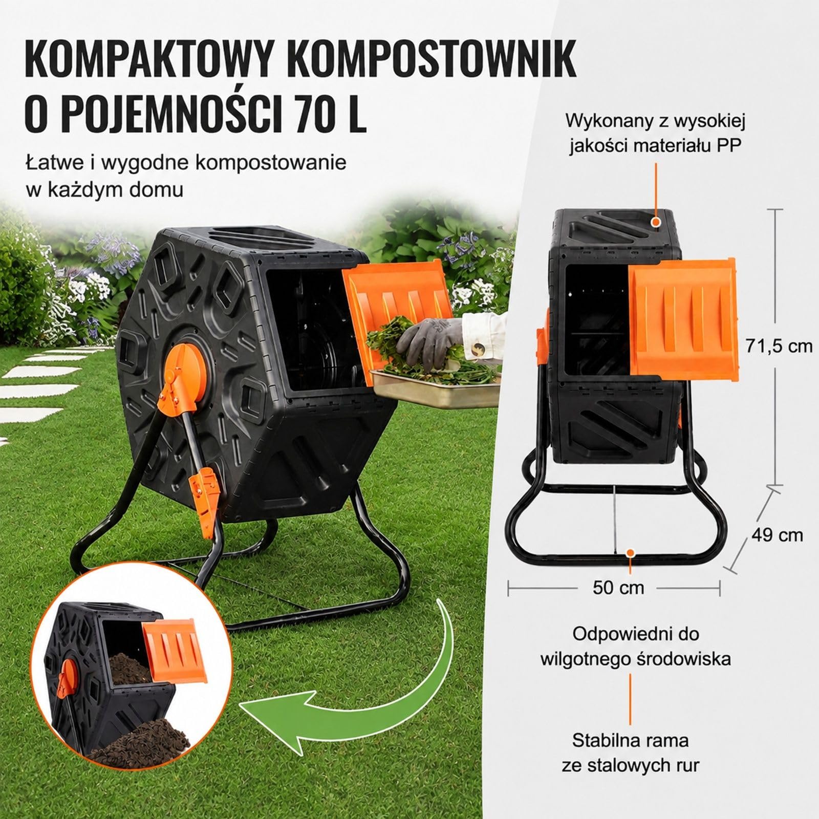 Obrotowy kompostownik ogrodowy 70 l z bębnem obracanym o 360°, konstrukcja z PP i Q235B, w zestawie rękawice