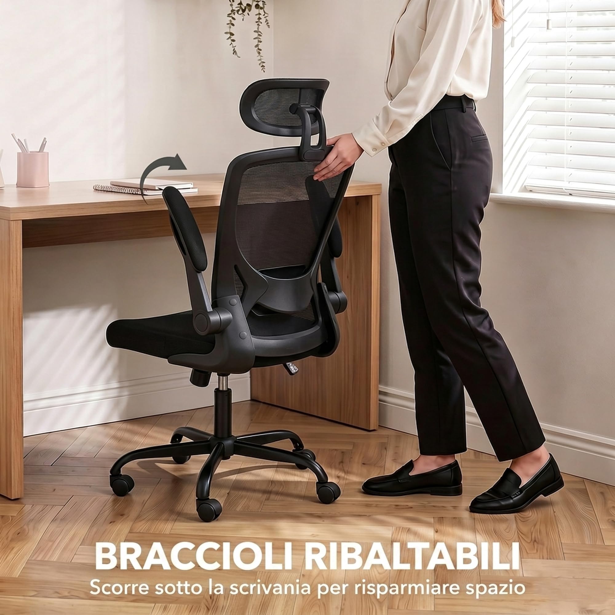 HOMCOM Sedia Ufficio Ergonomica Poltrona, Supporto Lombare Regolabile, Nera