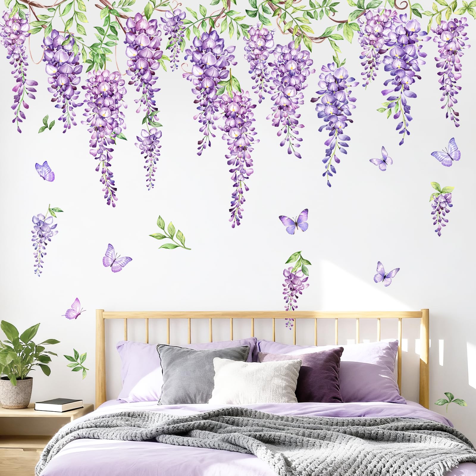 Supzone 63"x38.5" Flower Wall Stickers Hanging Wisteria Floral Wall Decals Girls Wall Art Decor for Bedroom Living Room Kitchen Wall Decor