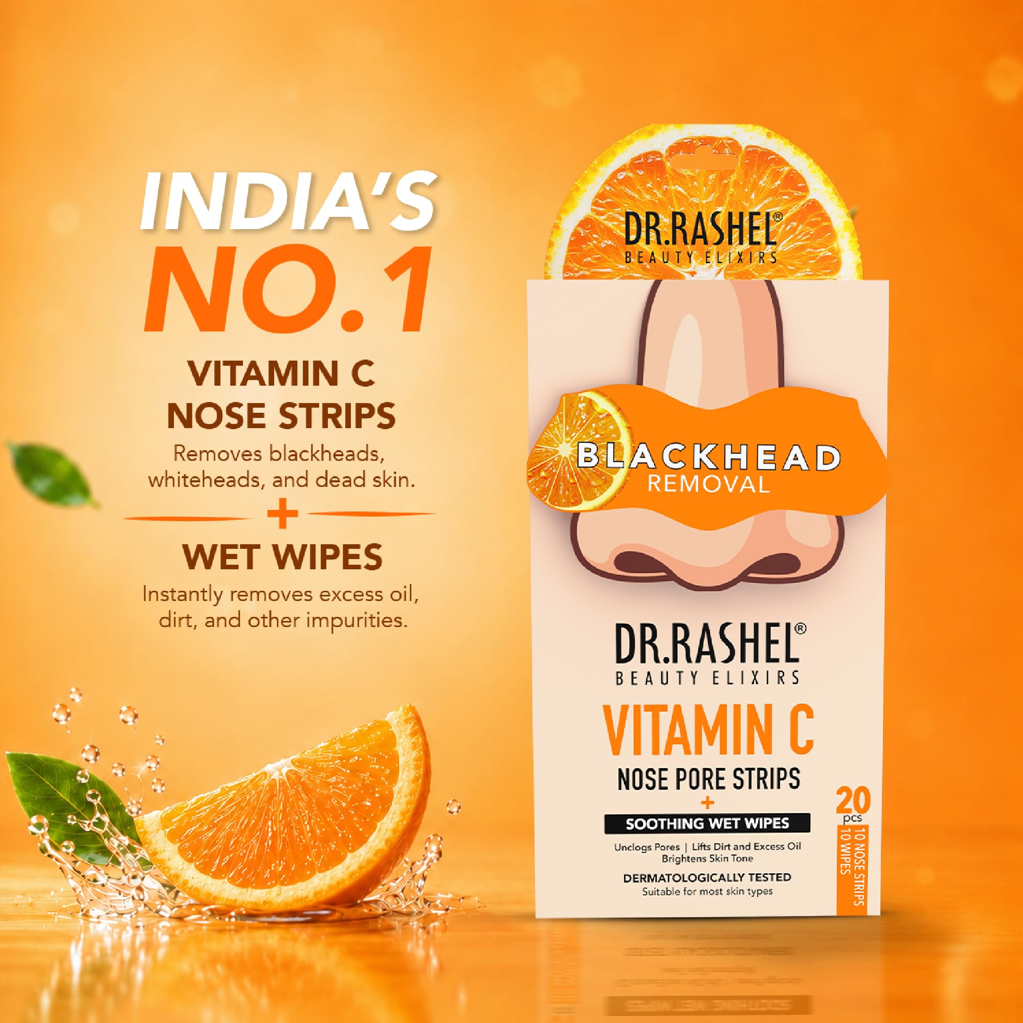 DR.RASHEL Beauty Elixirs Vitamin C Nose Strips with Witch Hazel & Activated Charcoal for Blackhead Removal, Oil Control & Deep Pore Cleansing 10 Strips + 10 Wipes 3