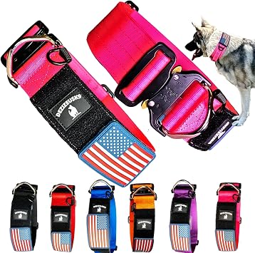 2" Wide Tactical Dog Collar Quick Release Metal Buckle D-Ring M-L-XL Dogs | Double-layer nylon, 5-row stitching, steel D-ring USA flag patch area easy-release buckle fits M-L-XL neck size 16in to 27in
