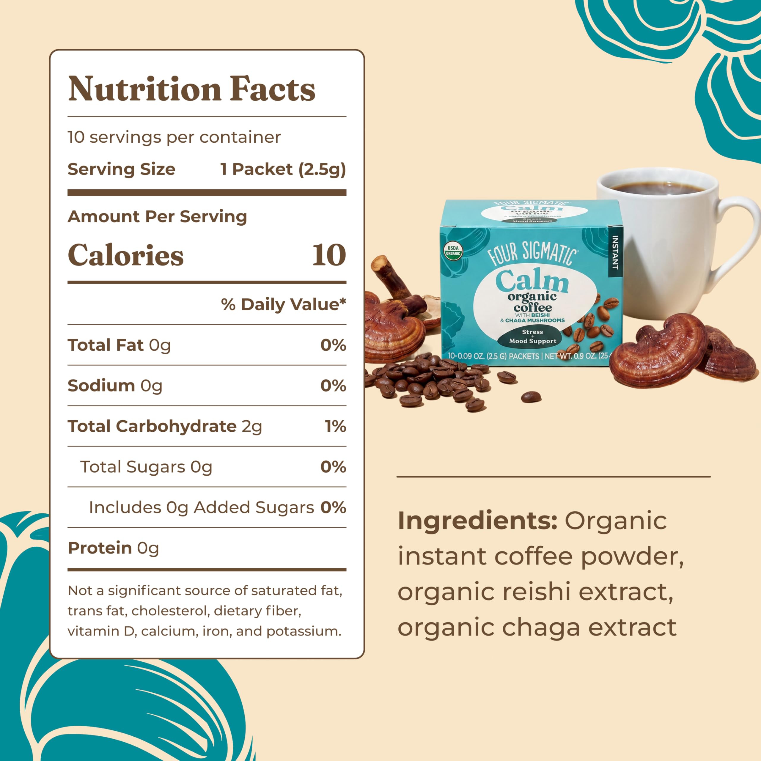 Four Sigmatic Organic Instant Adaptogen Coffee | Medium Roast Instant Coffee with Ashwagandha, Chaga, Eleuthero & Tulsi | Immune Support & Stress Relief | Pack of 10