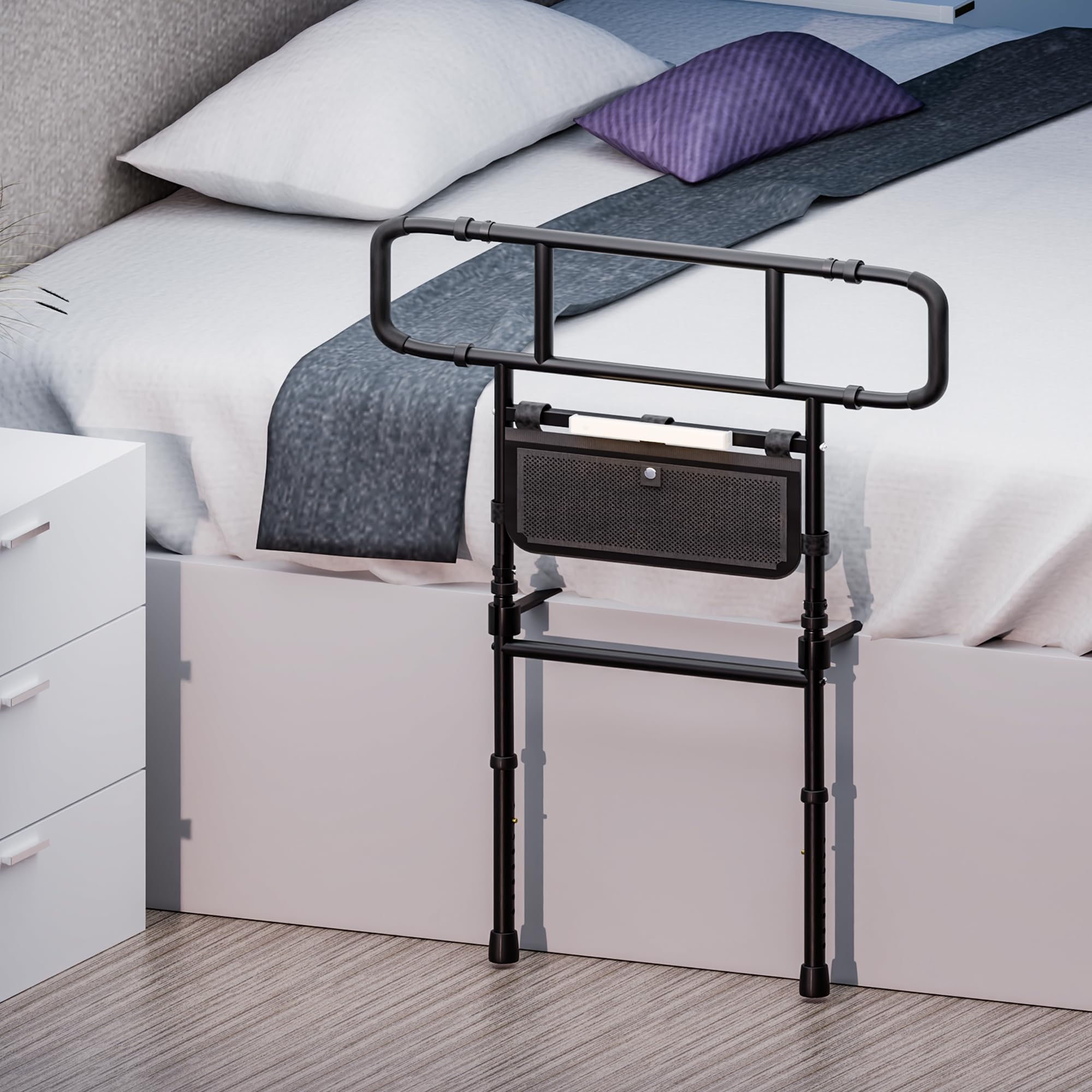 Com MUMU Bed Rails for Elderly Adults Safety Grab Bar Handrail Assist Rail for Senior Guard Handle Motion Sensor Light Storage Pocket Fixed Belt for King Queen Full Twin Matress