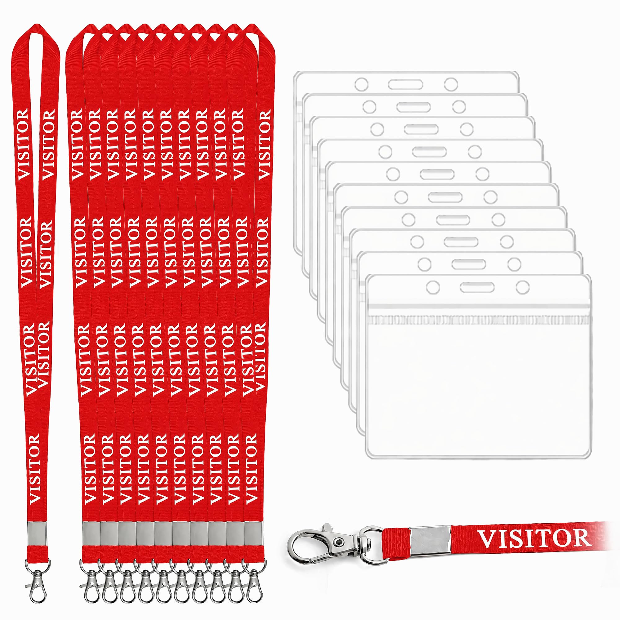 VLUNT 10pcs Visitor Lanyards with 10pcs ID Card Holders, Safely Lanyards for Neck with Card Holder, Quick-Release Neck Straps Badge Holders for Events, Workplaces, Volunteers (Red)