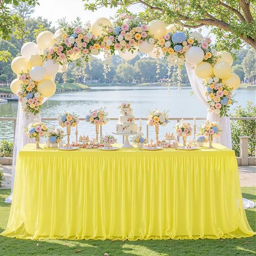 Yellow Tulle Tablecloth for 8 Foot Rectangular Tables 8ft Yellow Rectangle Table Cloth Wrinkle Free Table Cover with Tutu Skirt for Birthday Cocktail Banquet Buffet Lemon Citrus Fruit Party Decoration
