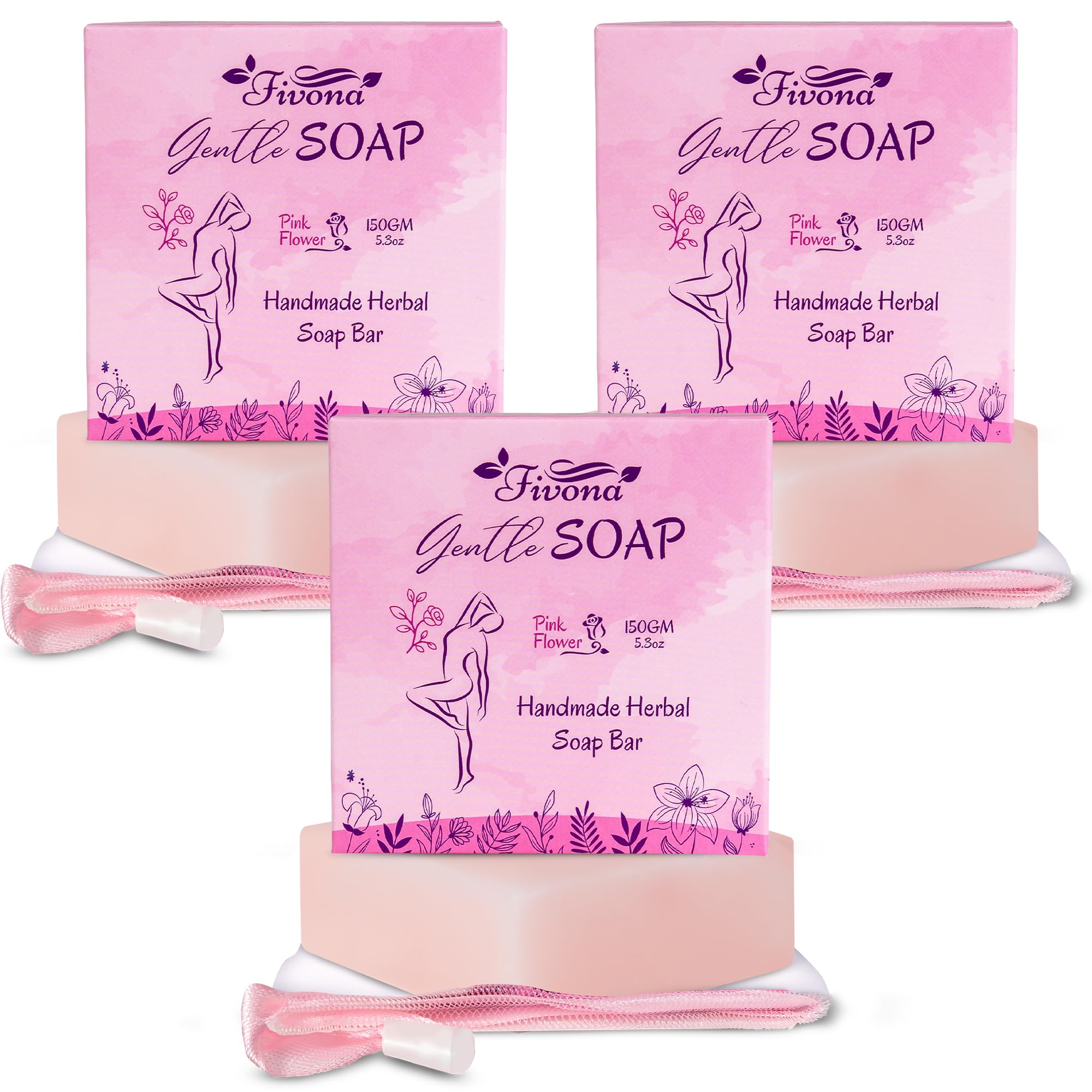 FIVONA Pink Yoni Soap Bar Set of 3 - Gentle Feminine Wash & Body Cleansing Bars, Herbal Soap with Natural Ingredients - 3 x 5.3 oz - Includes Mesh