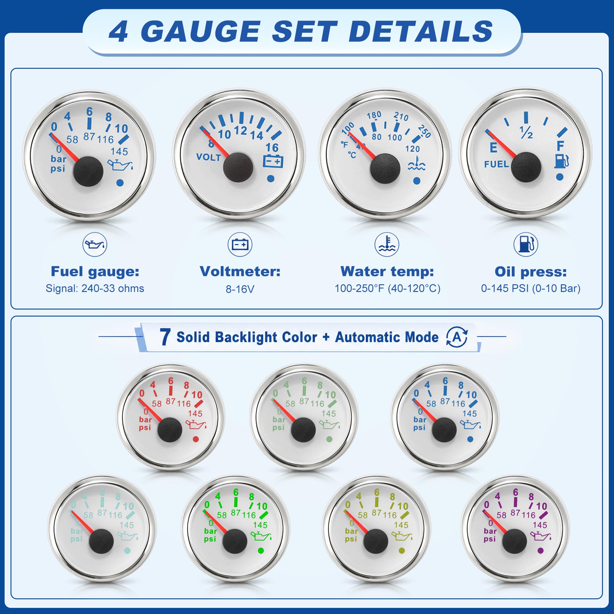 A ABSOPRO Set Indicatori Nautici/Auto Allarme Pressione Olio 2-1/16"