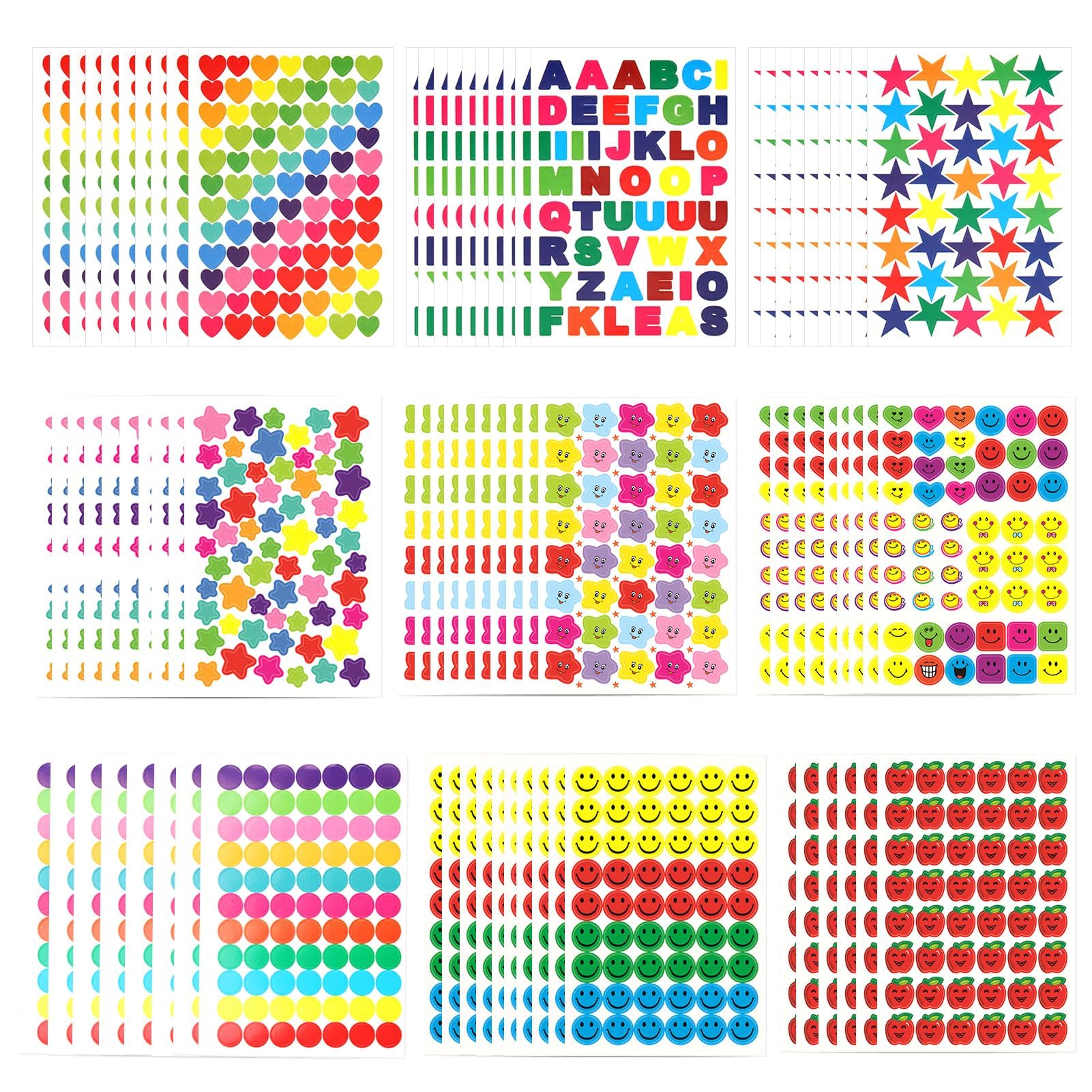 90 Hojas Pegatinas Infantiles, 7000+ Stickers para Niños, Letras, Estrella, Smiley, Puntos, Corazones de Colores, Recompensa para niños Decoración Manual del álbum de Recortes