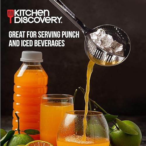 Miniatura 5 de Cucharón colador de acero inoxidable  Kitchen Discovery  Cucharón colador 2 en 1 para sopas y guisos drena líquidos de sólidos. Cucharón para servir