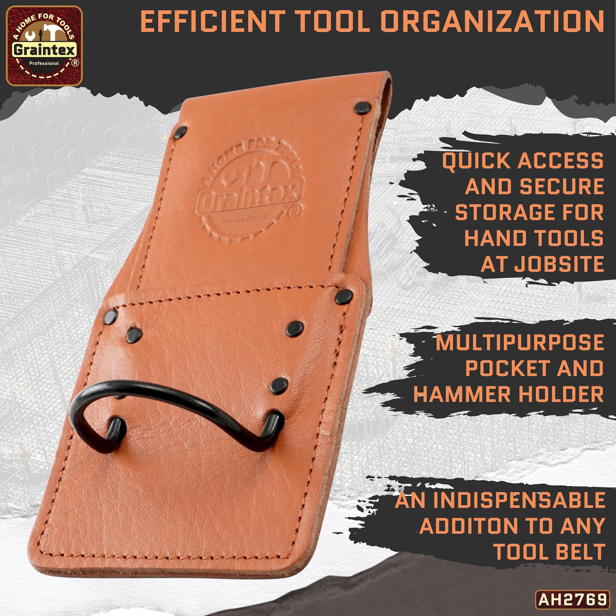 Graintex Hammer Holder Ambassador Series Color Top Grain Leather Hammer Loop, Leather Tool Holster, Construction Workers, Electricians, Framers, Drywall Contractors