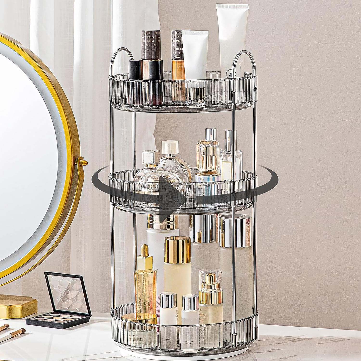 Organiseur de maquillage rotatif 360 acrylique gris pour bijoux et parfum