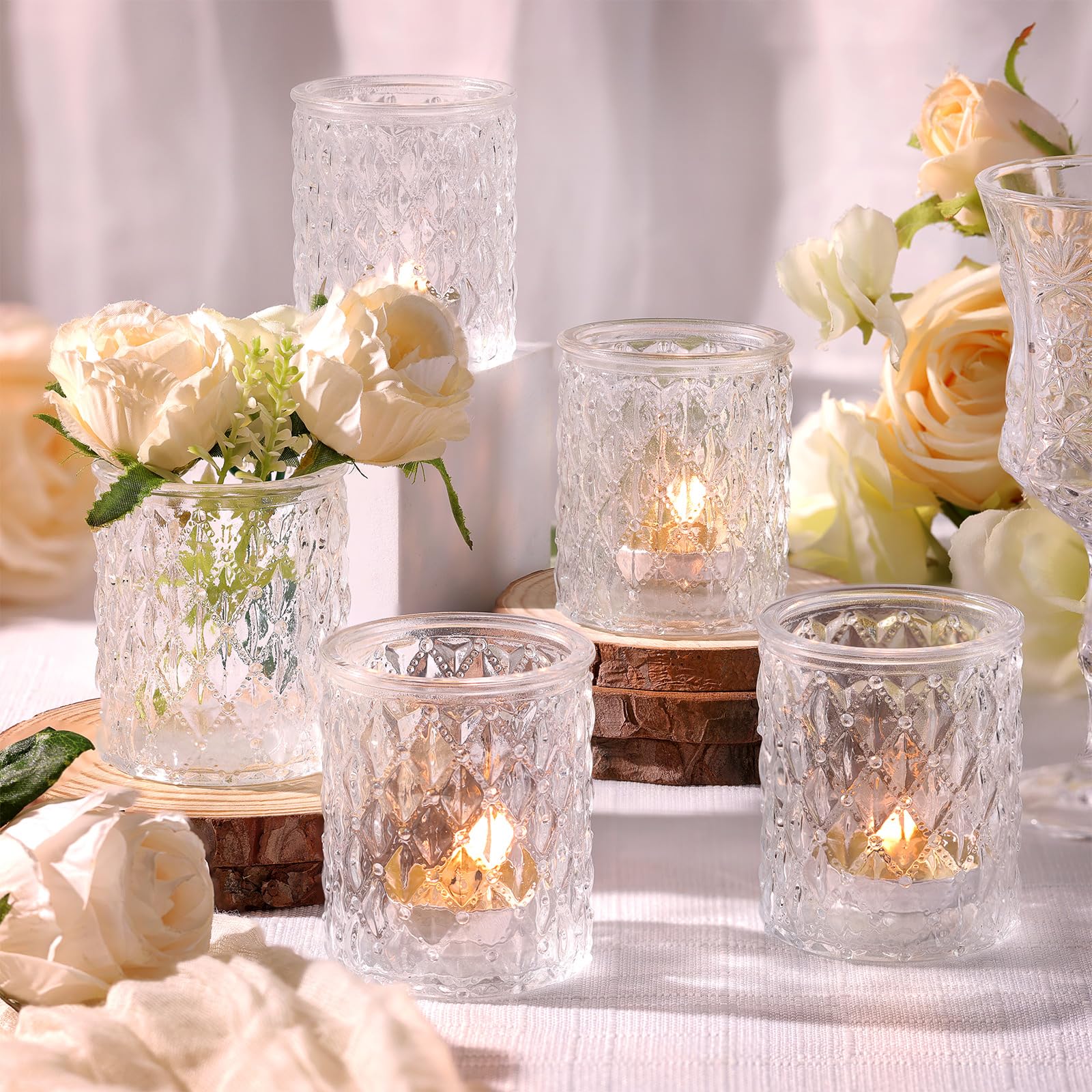 36 portavelas votivos, portavelas de Cristal Transparente con patrón de Diamante para centros de Mesa, portavelas de Cristal para decoración de Boda, Regalo, Fiesta, Vacaciones, decoración