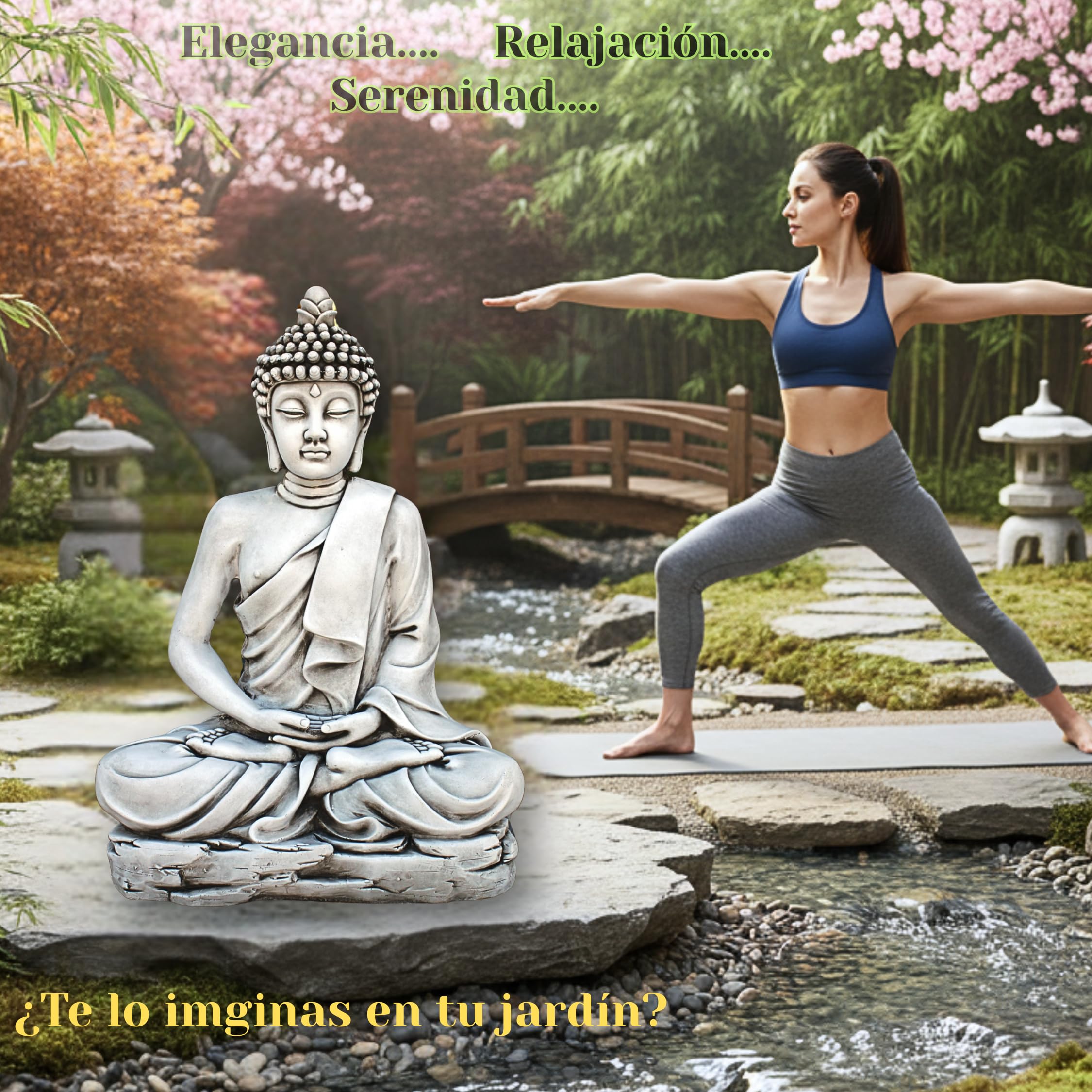Buda Grande Sereno 73 cm (Ceniza). Budas Grandes de Jardin Zen en Piedra Artificial para Decoracion Jardin Exterior. Figuras y Budas Decorativos. Estatuas Decorativas Feng Shui.