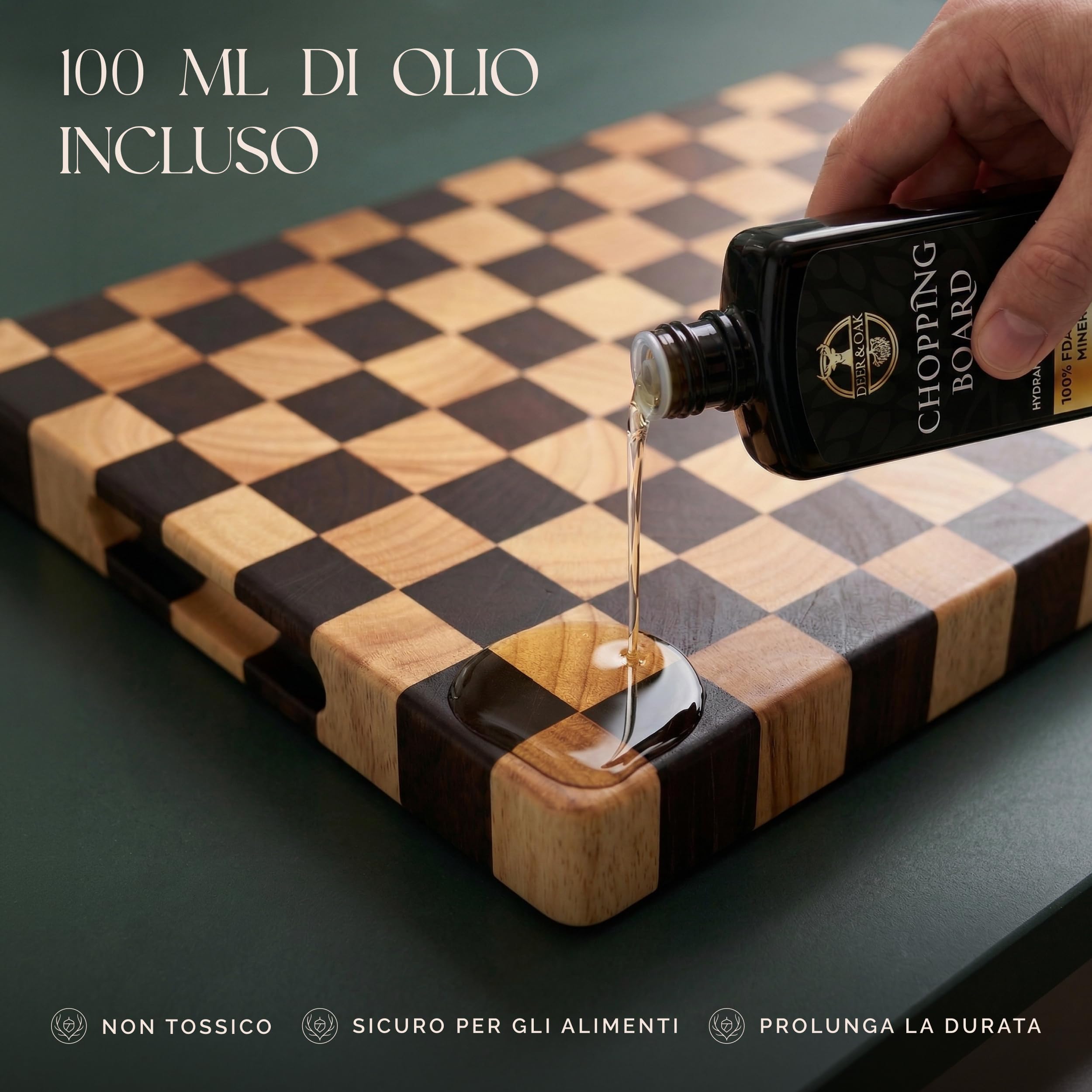 Deer & Oak Tagliere in acacia legno di punta motivo scacchiere e olio alimentare – 45 x 31 x 3,5 cm, blocco macellaio FSC pre-oliato con maniglie, tavola antipasto