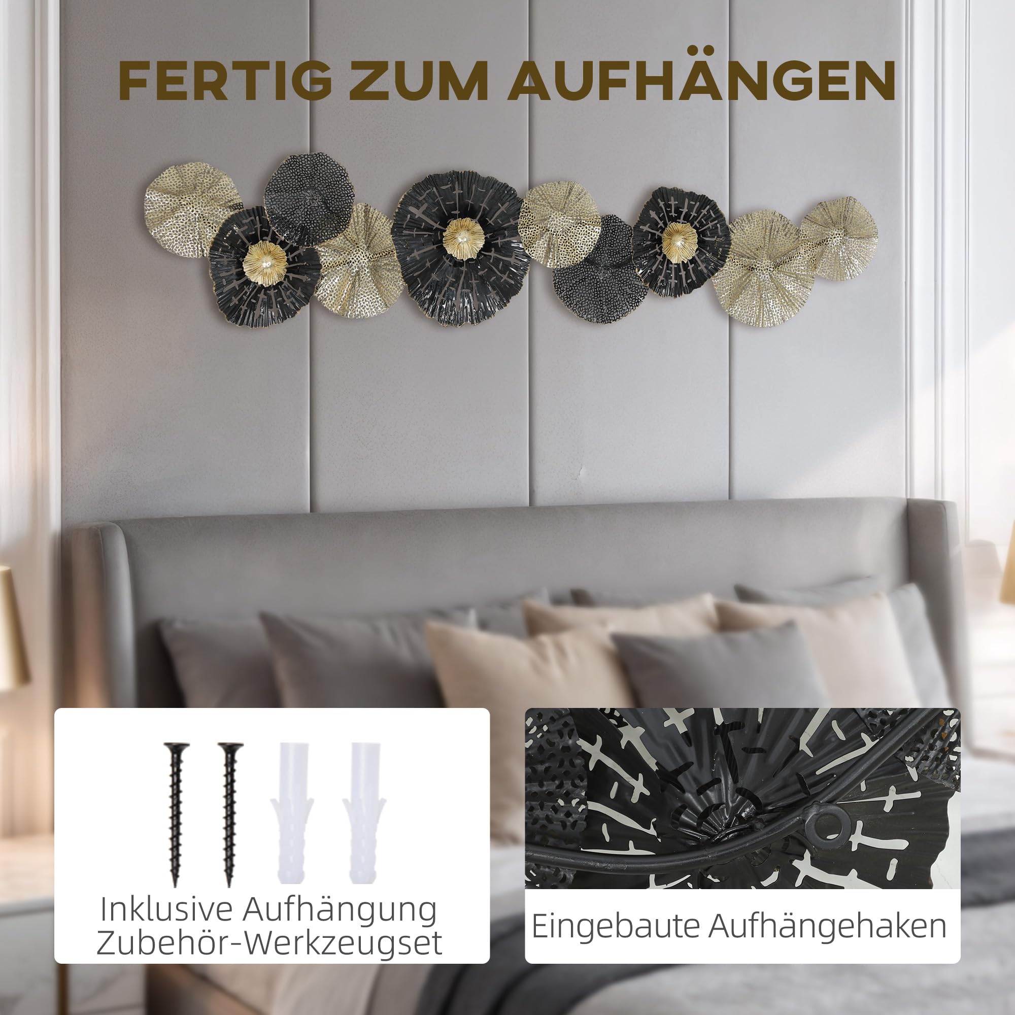 HOMCOM Wanddeko Moderne 3D Metallbild 134cm Wandbild Schwarz+Hellgold