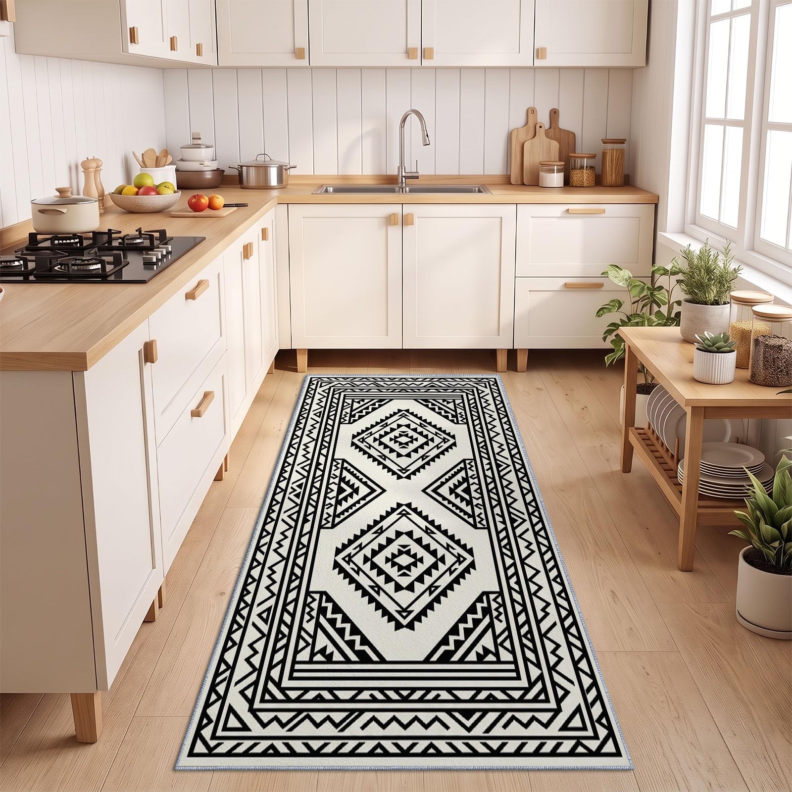 Teppich Läufer Flur Aztekisch Geometrisch Waschbarer 80x240 cm, Creme