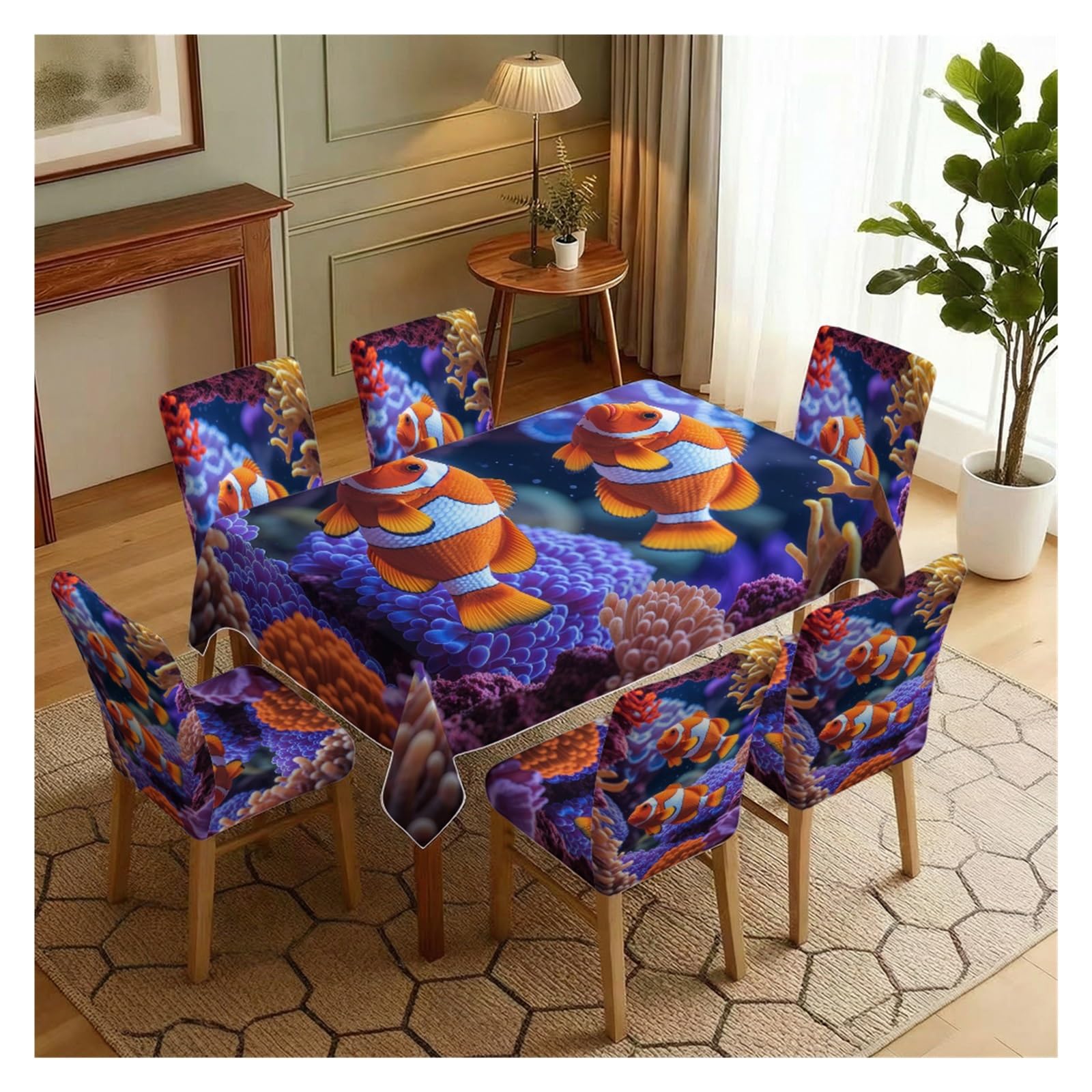 BOSUYBN Clownfish Coral Reef Dining Chair Covers & Tablecloth Set, 5/7 Piece Vibrant Underwater Ocean Slipcovers For Nautical Tropical Home Decor Table Setting(7pcs Set: Tablecloth+Chair Covers)