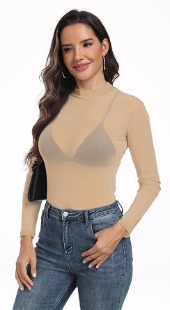 Women's Sheer Mesh Tops Long Sleeve Sexy See Through Shirt Mock Neck
