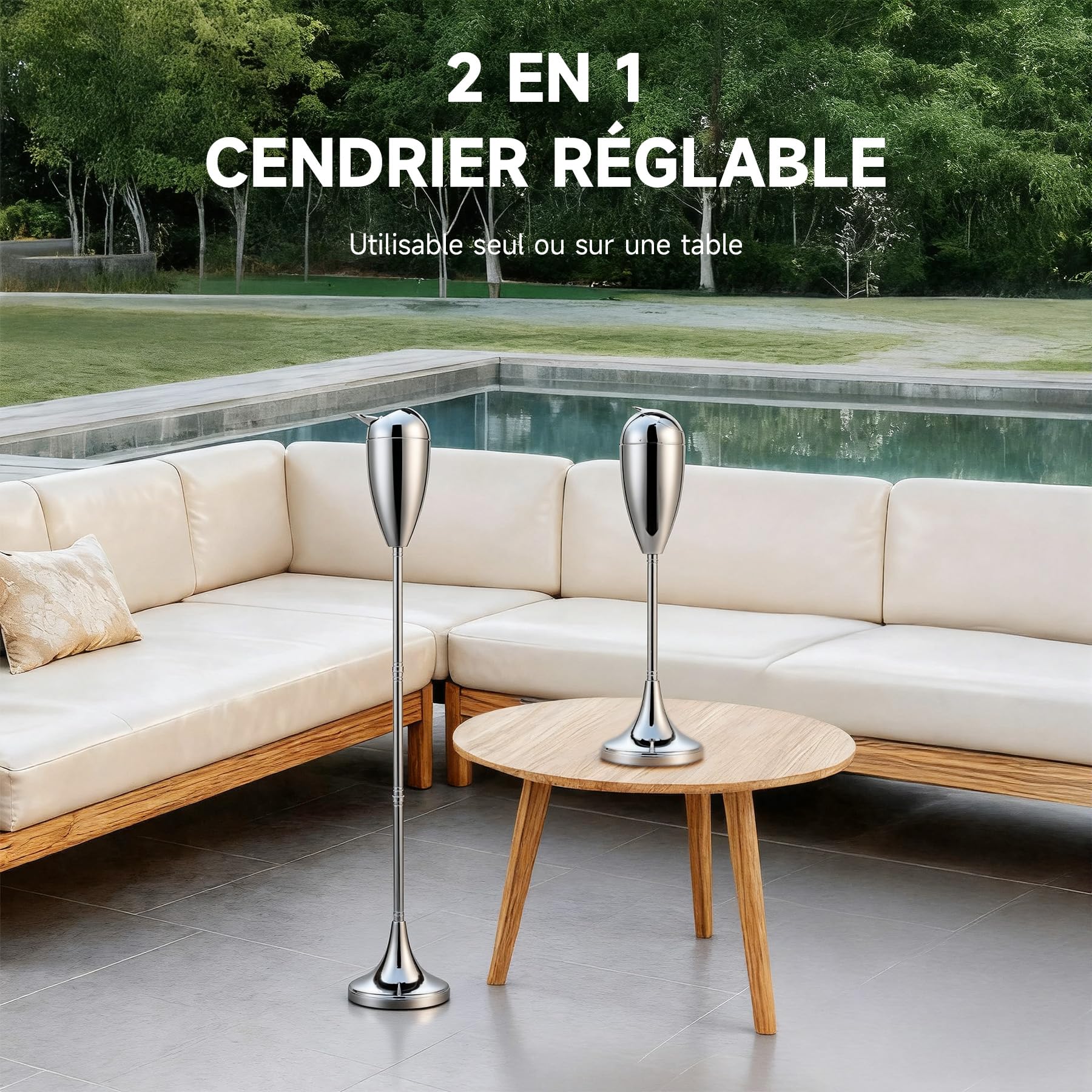 CO-Z Cendrier sur Pied Intérieur et Extérieur Hauteur Réglable 50/70/90 cm avec Couvercle en Acier pour Cigarettes pour Cigares pour Patio Décoration de la Maison et du Bureau, Argenté