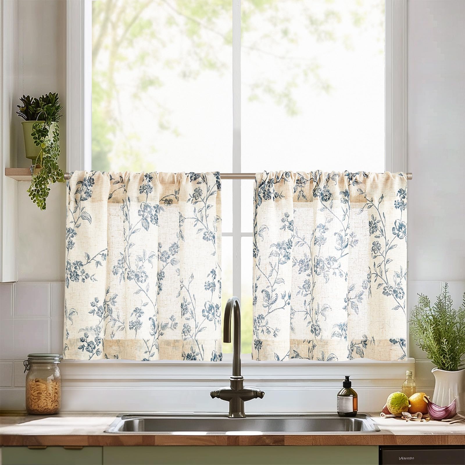 TOPICK Floral Linen Blend Kitchen Curtains 24 Inch Drop Short Cafe Curtains Light Filtering Small Window Curtain Tiers for Bathroom Living Room RV Rod Pocket 2 Panels Blue - Image 2