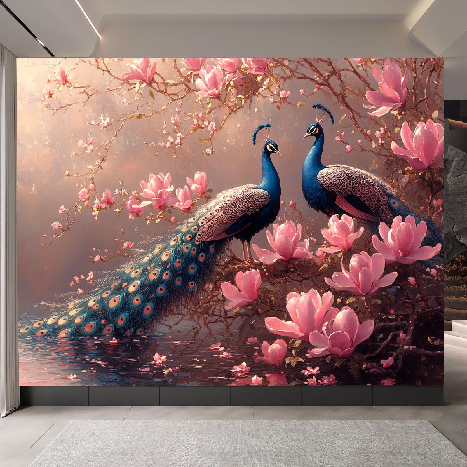 Fototapeta paw 250 x 175 cm, tapeta z włókniny XXL, nowoczesna tapeta ścienna, różowe kwiaty, paw, salon, sypialnia, efekt 3D, dekoracja ścienna, ptaki zwierzęce, do pokoju dziecięcego, jadalni