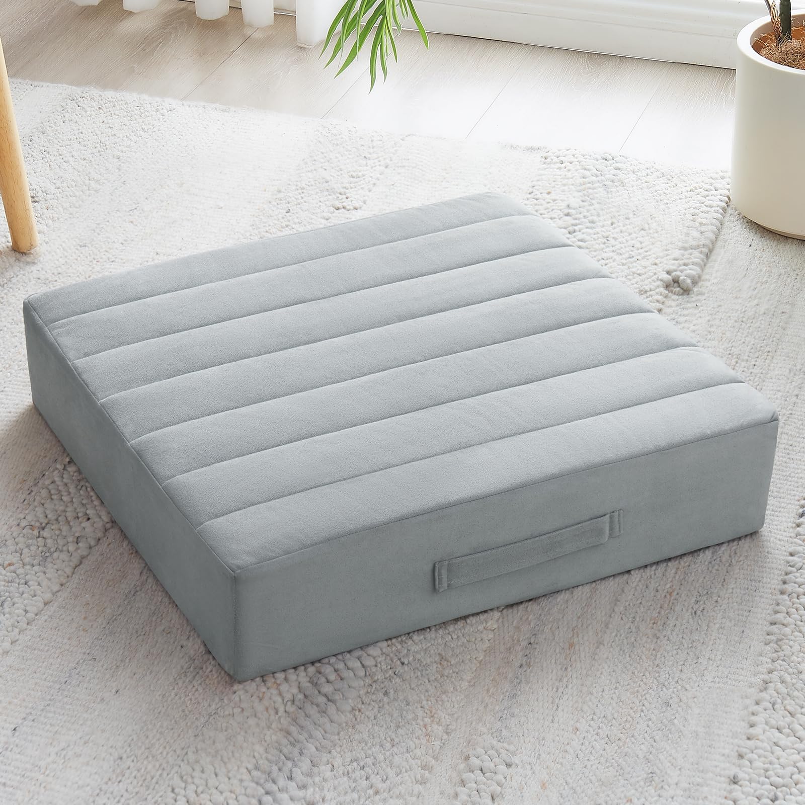JKMAX 22 inches Floor Pillow for Adults - Large Meditation Cushion with Thick Foam & Soft Tufted Cover - Premium Outdoor Square Floor Cushion Seat - Yoga Pillows for Sitting On Floor - Light Gray