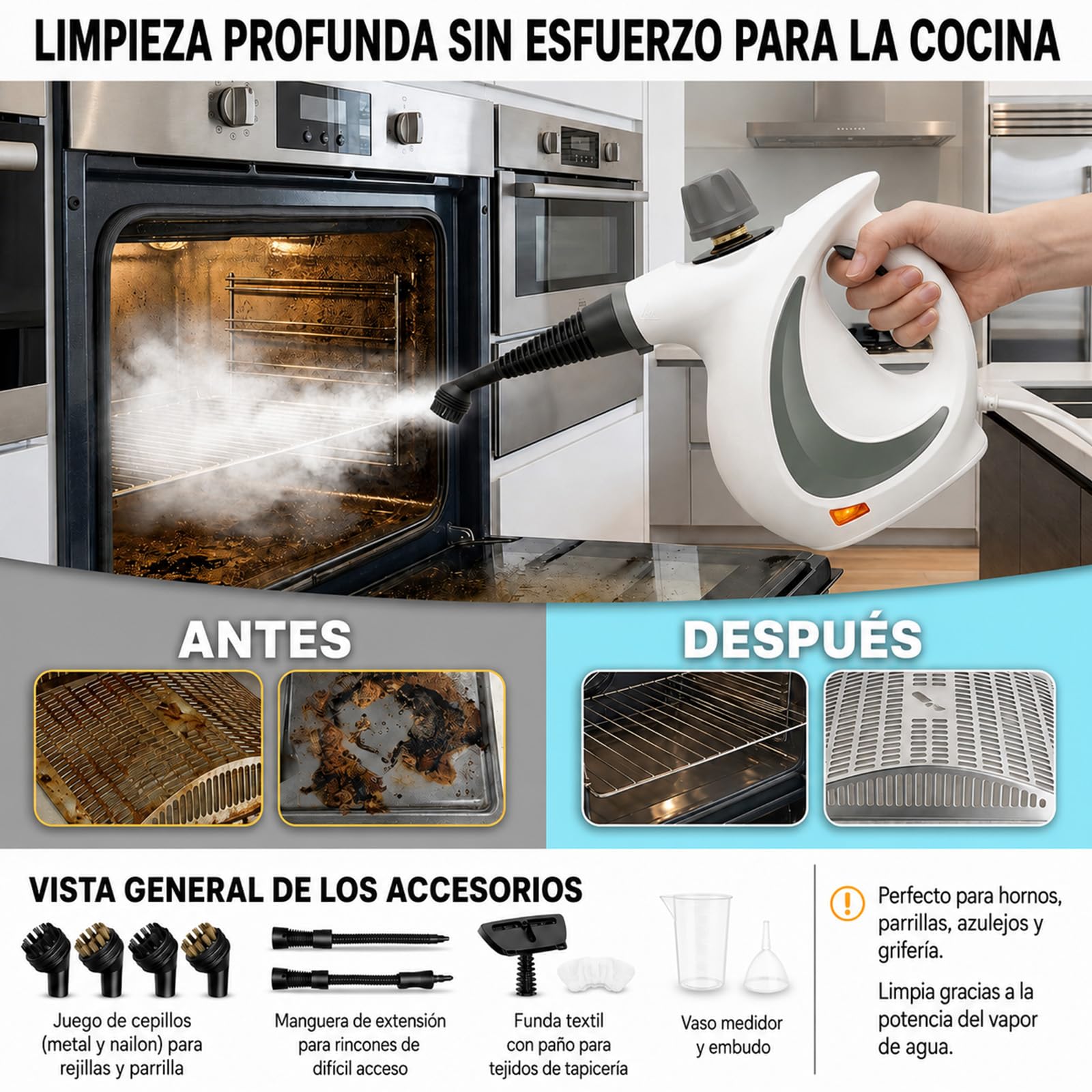 Vaporseguro Limpiador a Vapor de Mano, 12 Accesorios para Hogar y Coche