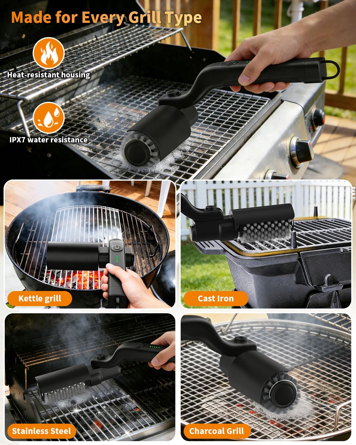 Cepillo eléctrico para parrilla, herramienta giratoria de limpieza de barbacoa de 3 velocidades con cabezal ajustable de 180°, tiempo de funcionamiento de 90 minutos, recargable por USB-C