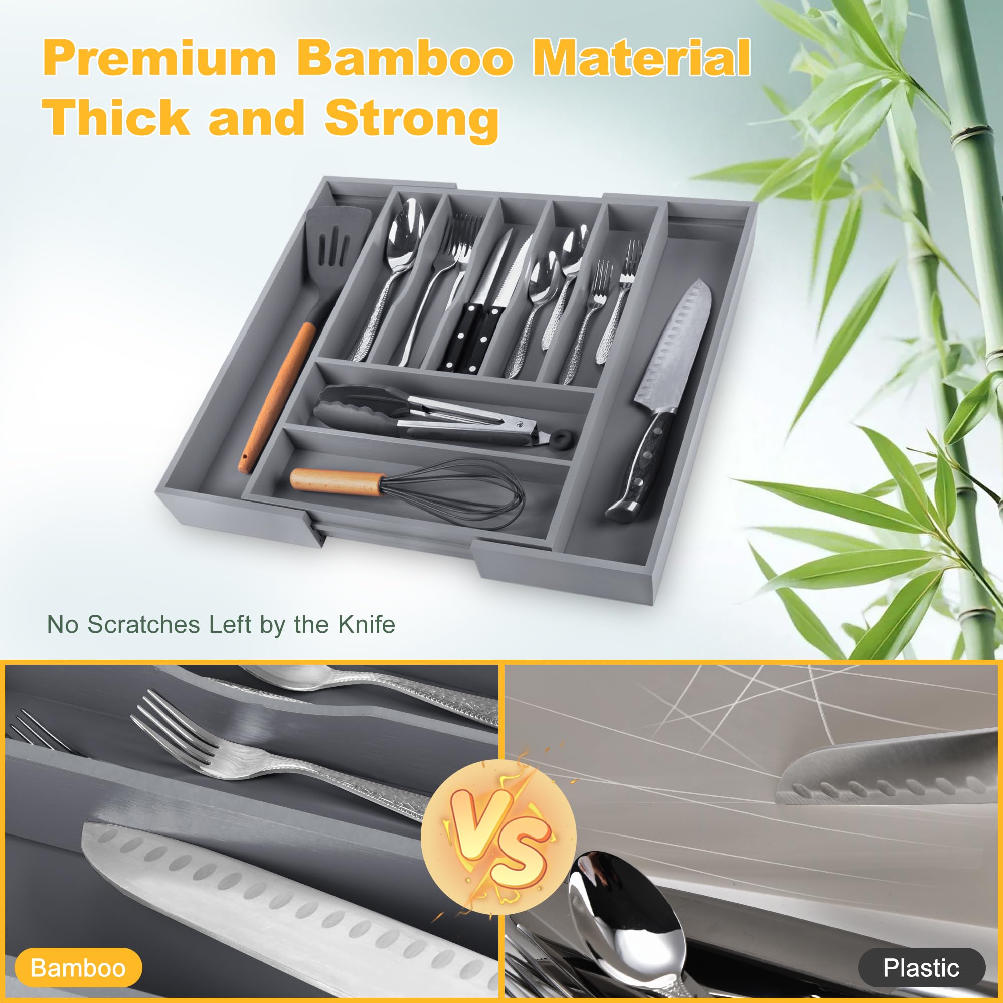 Großer Premium-Besteck-Organizer aus Bambus – erweiterbarer Schubladen-Organizer und Utensilien-Organizer – 43,2 x 50 cm Besteckkasten mit Trennwänden für Küchenutensilien und Besteck (7–9
