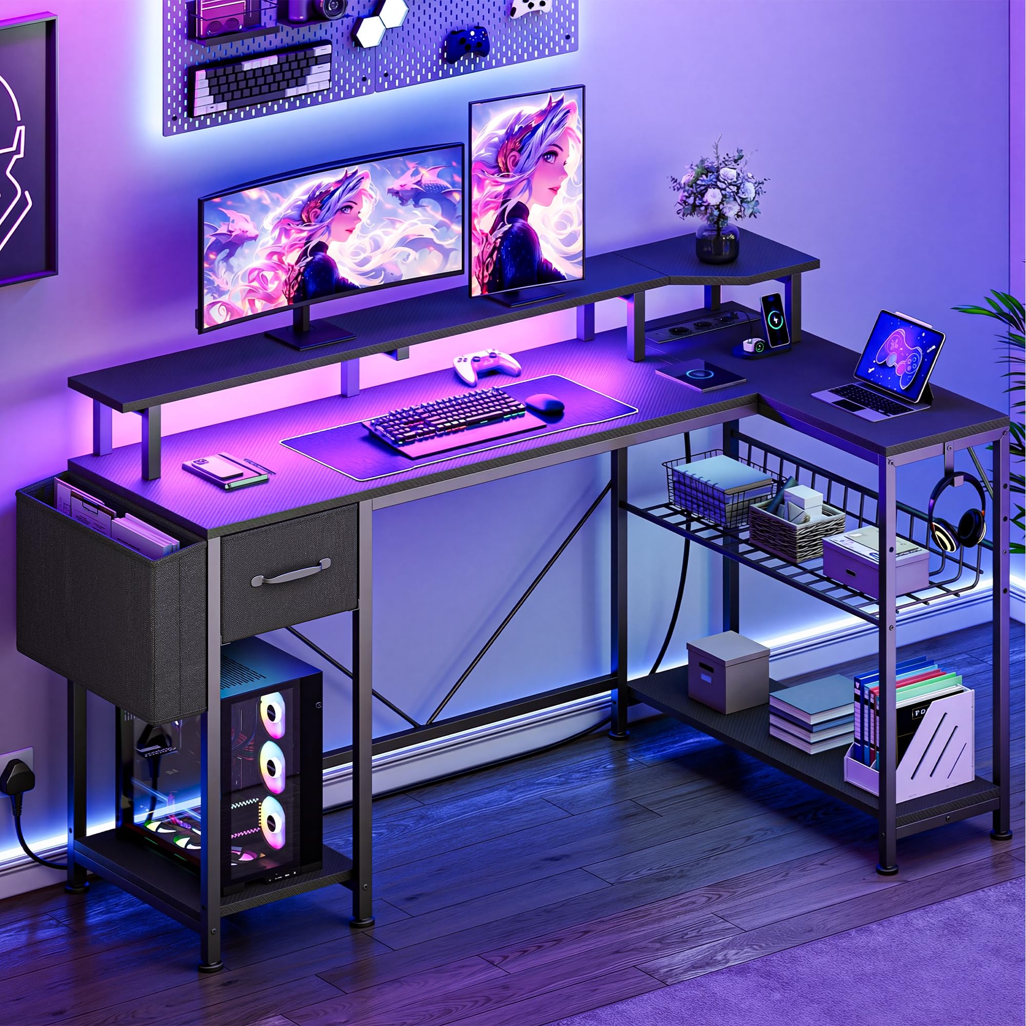 YITAHOME Bureau d'angle L LED USB Tiroirs Prises Support Ecran 137cm Noir