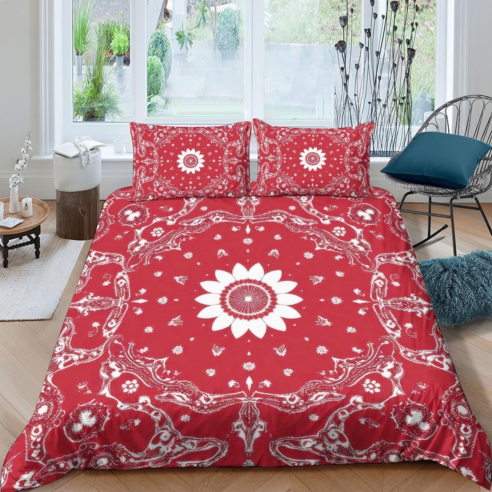 Ctjqhvkz Style-4 3D Printed Red Mandala Fitted Sheet Microfiber Soft Breathable Paisley Bed Cover For Bedroom Guest Room Decor Single（135X200cm）