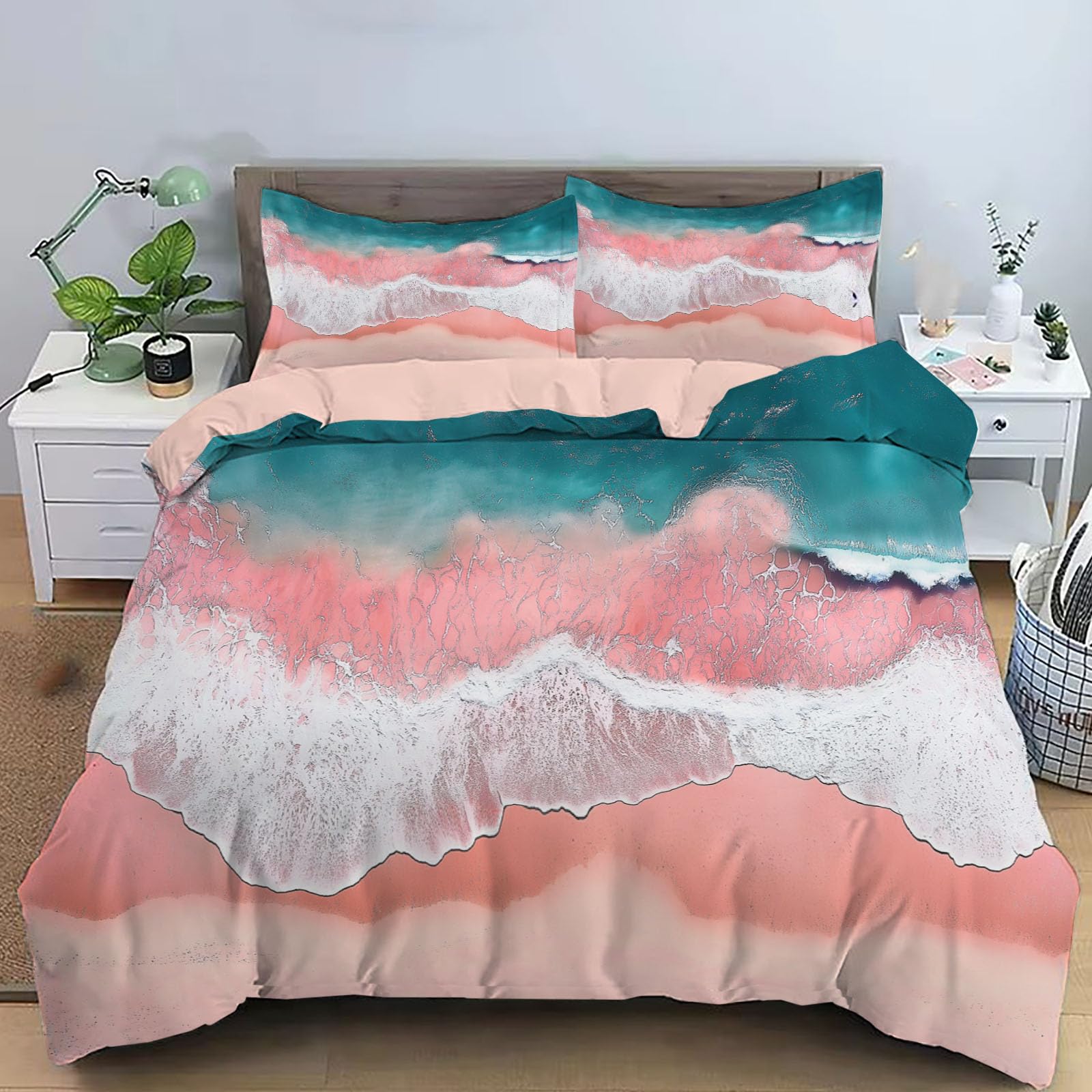 Parure de lit 220x240cm avec housse de couette réversible bleu rose et 2 taies vagues
