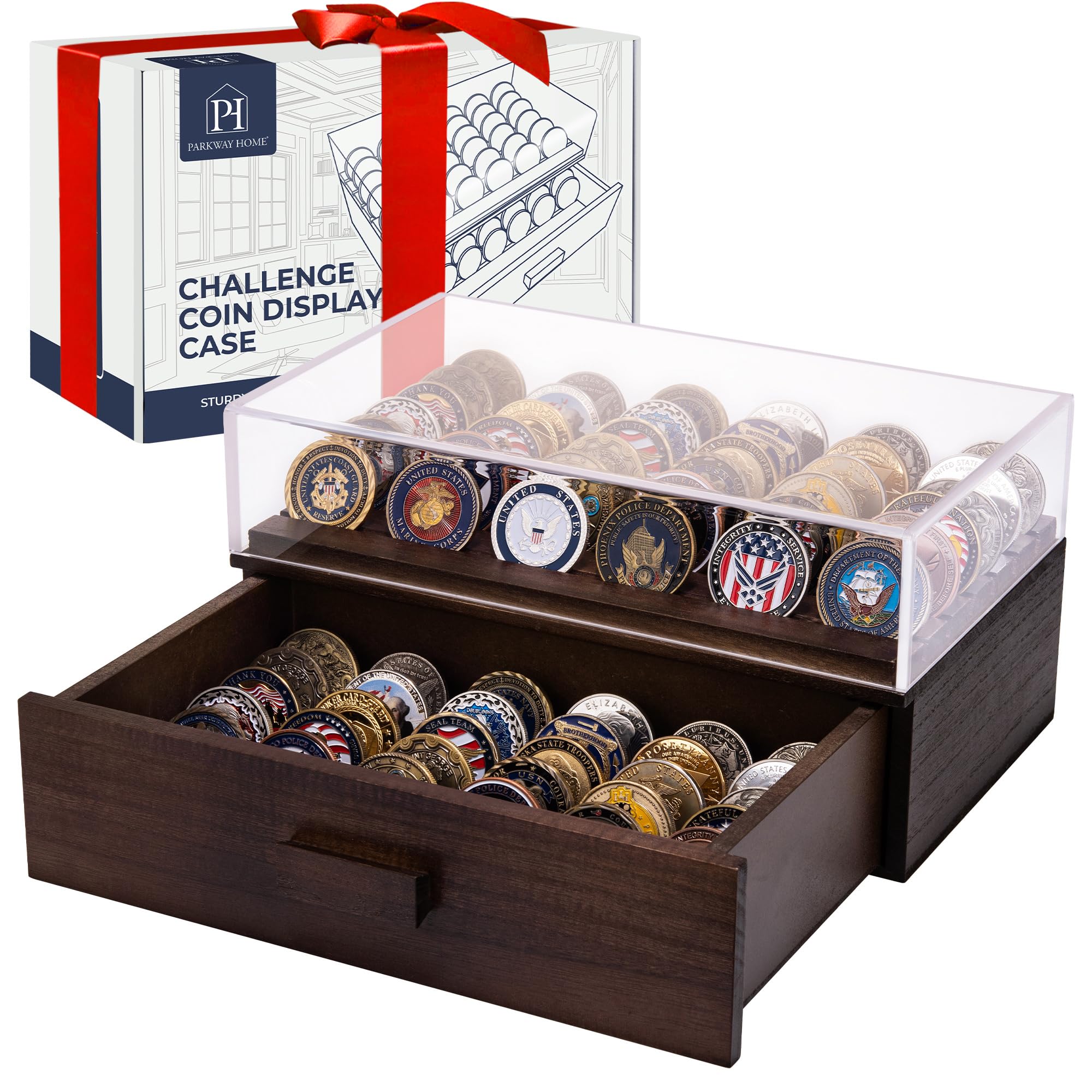 Large Wooden Challenge Coin Display Case with Clear Cover - Military Coin Display Case Holds 36 Coins on Top & 36 in The Storage Drawer - Versatile