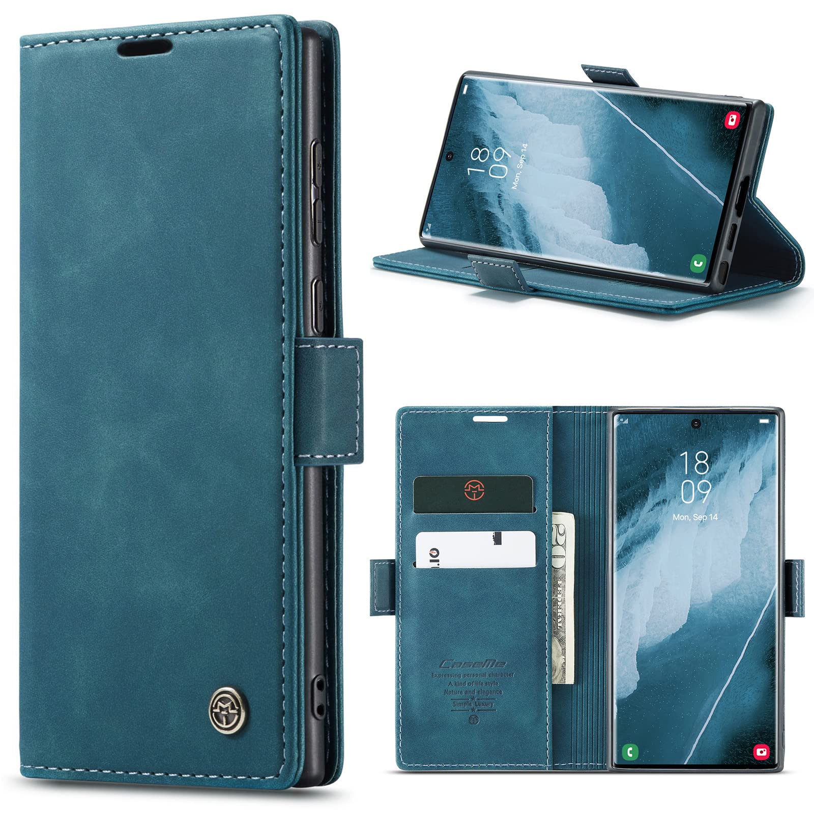 Azororo Cover per Samsung Galaxy S23 Ultra 5G, Premium PU Pelle Custodia, Magnetica Carta Fessura Portafoglio Case, Flip Cavalletto Custodia per Samsung Galaxy S23 Ultra- Blu verde