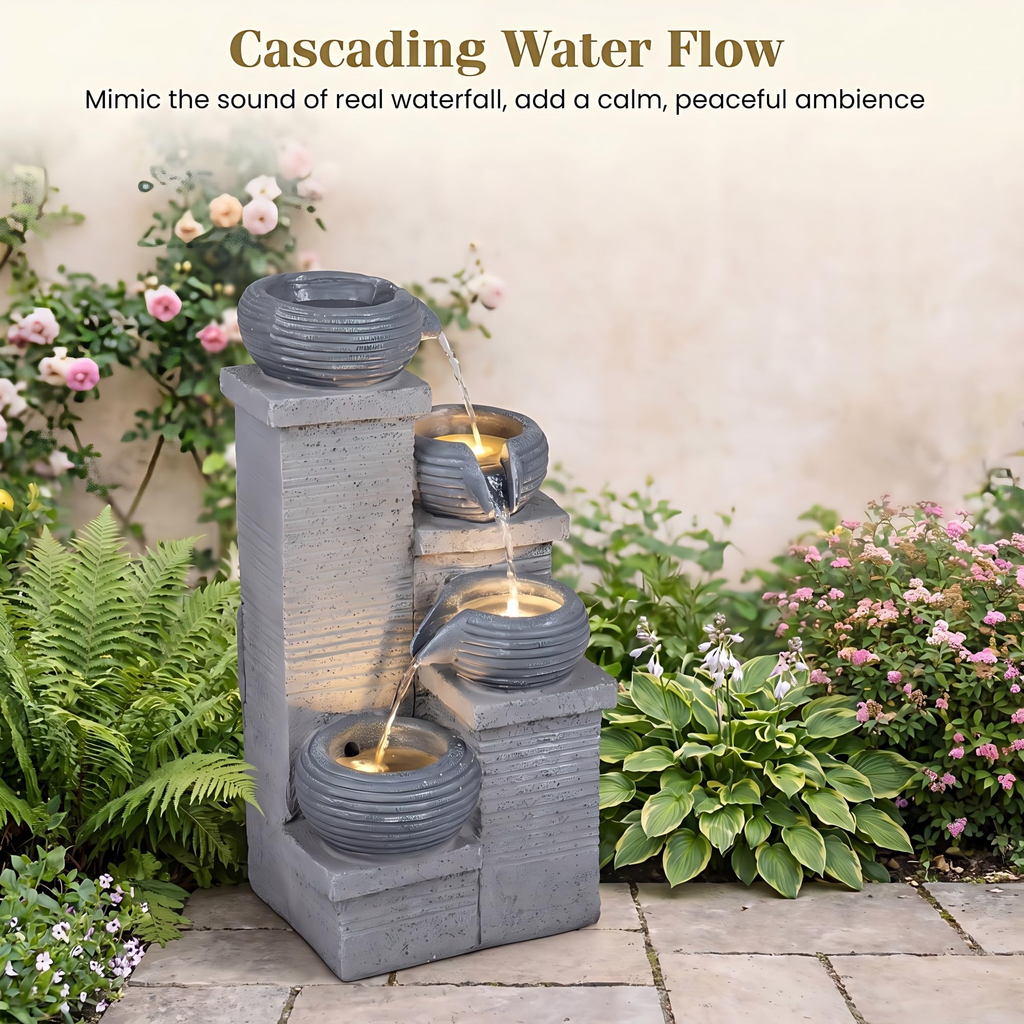 HOMASIS Fontaine de Jardin, Fontaine d'eau Extérieure 4 Niveaux avec Lumières LED, Pompe à Eau, Débit Réglable, Résine et Fibre de Verre, Cascade Décoration pour Patio Balcon, 27 x 24 x 58 cm