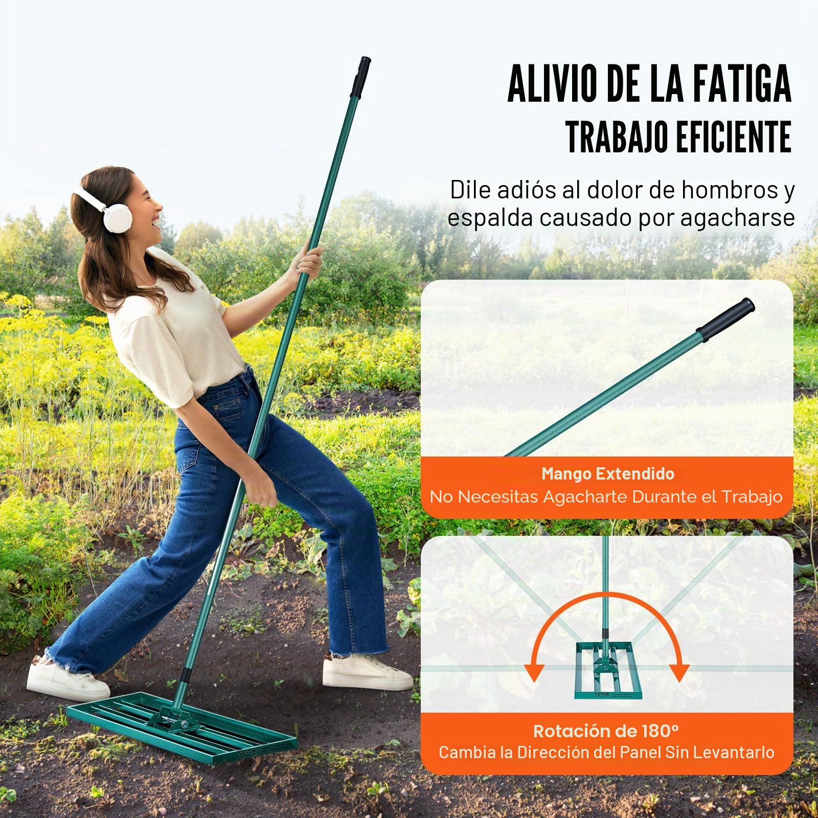 VEVOR Rastrillo Nivelador de Césped de 914x254 mm, Mango de Acero, Placa Base de 1981 mm, Rastrillo Nivelador de Suelo Resistente de Aleación de Aluminio para Césped, Golf, Patio, Campos de Jardín