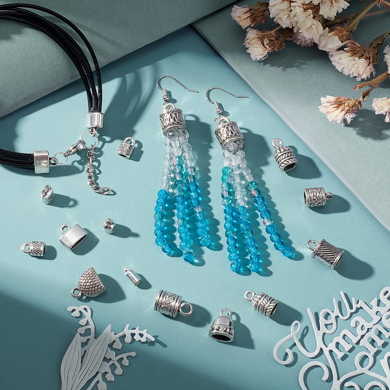 PH PandaHall Cord End Cap, 140pcs 14 Styles Alloy Glue in End Caps Leather Cord End Cap Bead Tube Barrel Loop Clasp for Tassels Earring Bracelet Jewelry DIY Craft Making, Antique Silver