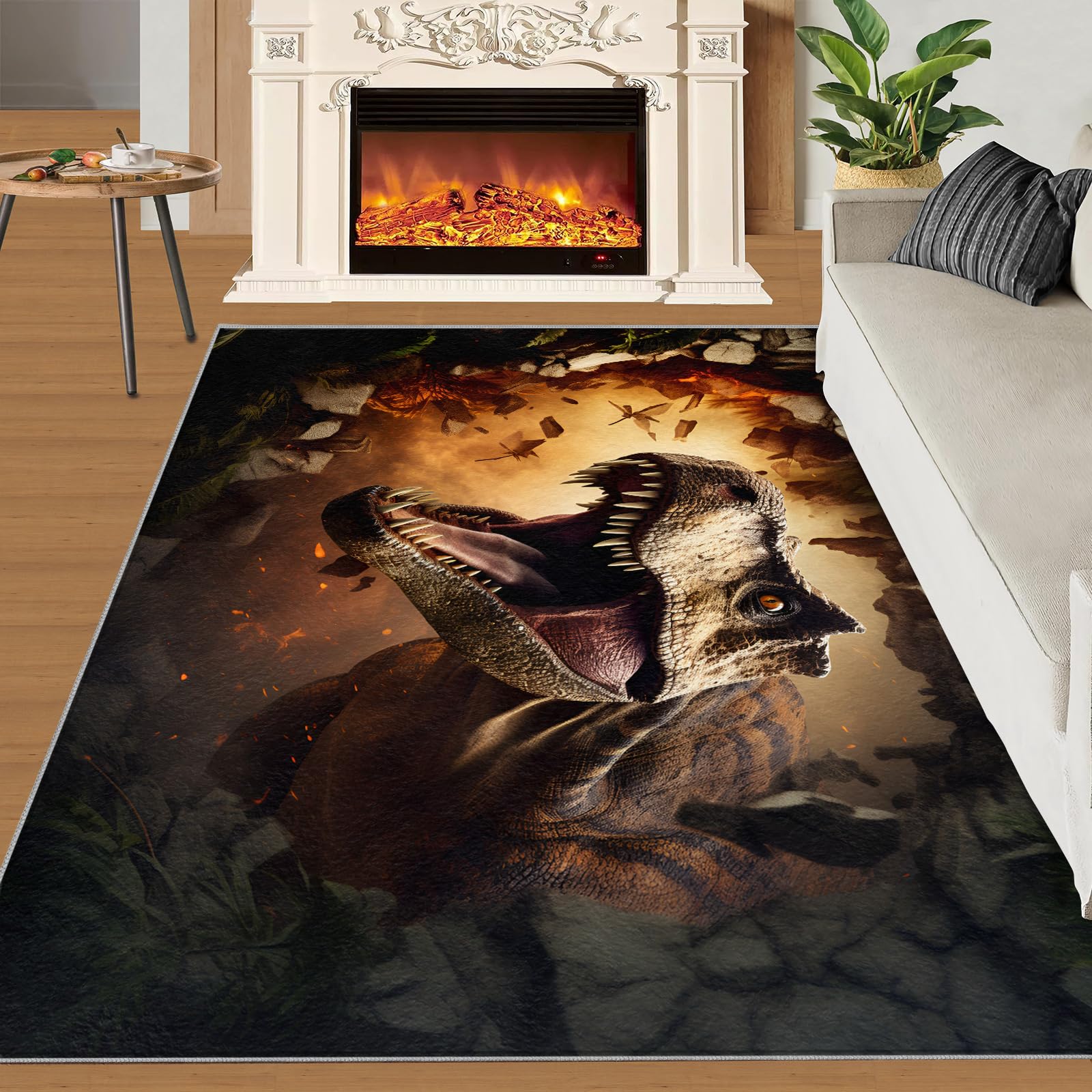 SANSJI Boys Dinosaur Area Rug - 170 x 240, Jungle Dino Rugs for Bedroom, Stain Resistant Washable Non Slip, 3D Ancient Animals Style, Cartoon Dino Theme, Soft Low Pile Rectangle Carpet