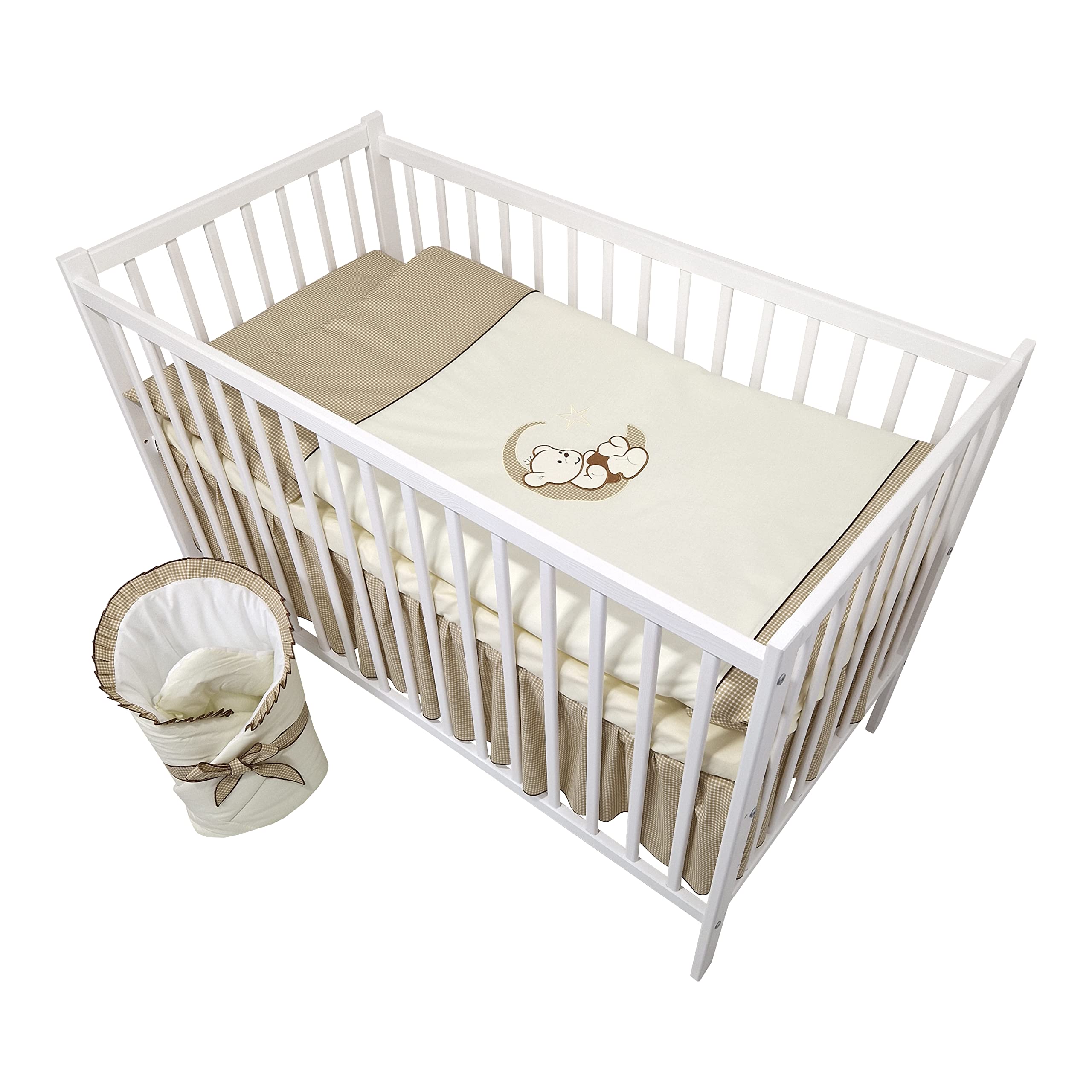 Juego Completo de Cuna y Ropa de Cama para bebé de 13 Piezas Happy Leo Incl. colchón Regulable en Altura para recién Nacidos y niños pequeños Bordado (Osito Luna Beige Oscuro)