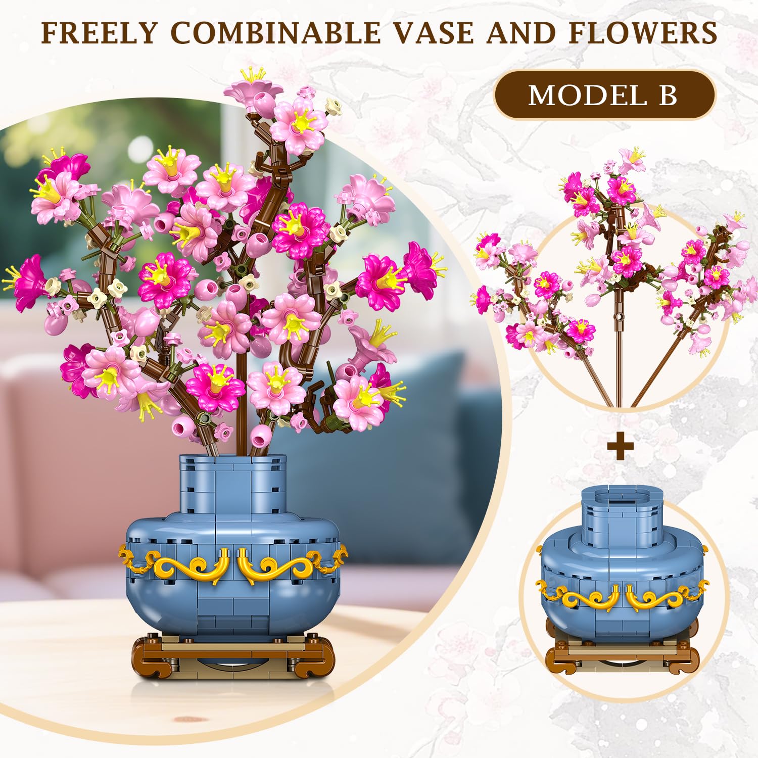 HOGOKIDS Set di bonsai con fiori di ciliegio, 2 in 1, pietre artificiali per bonsai per la casa, esposizione, fiori botanici, giocattolo da costruzione, regalo di compleanno per adulti (775 pezzi)