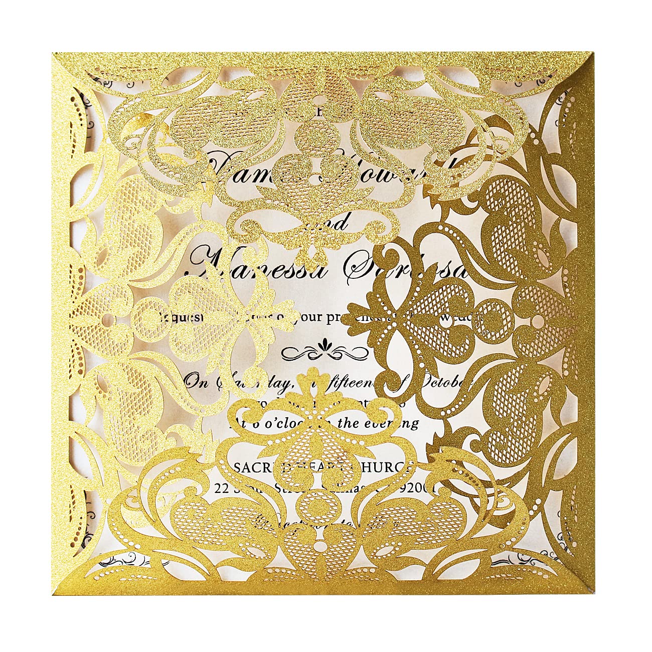 Hosmsua 50PCS Personalized Gold Laser Cut Wedding invitation Cards With Envelopes 6.3 x 6.3 Inch Hollow Lace Rose Invitation Pocket for Engagement