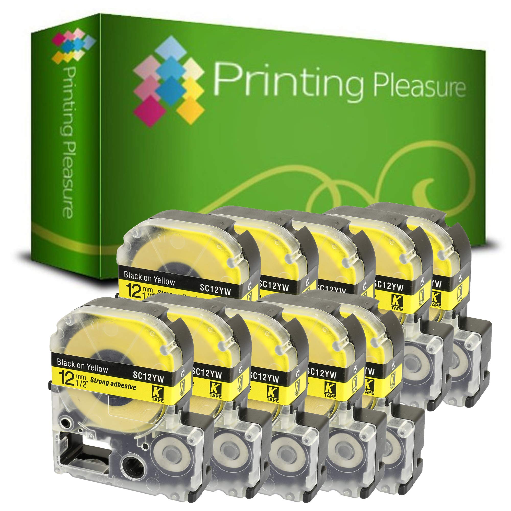 10x Compatible AC12YW Noir sur Jaune (12mm x 8m) Rubans Étiquettes pour Epson LabelWorks LW-300, LW-400, LW-500, LM-700, LW-900P, OK200, OK300, OK500P, OK720, OK900P, KingJim TepraPro